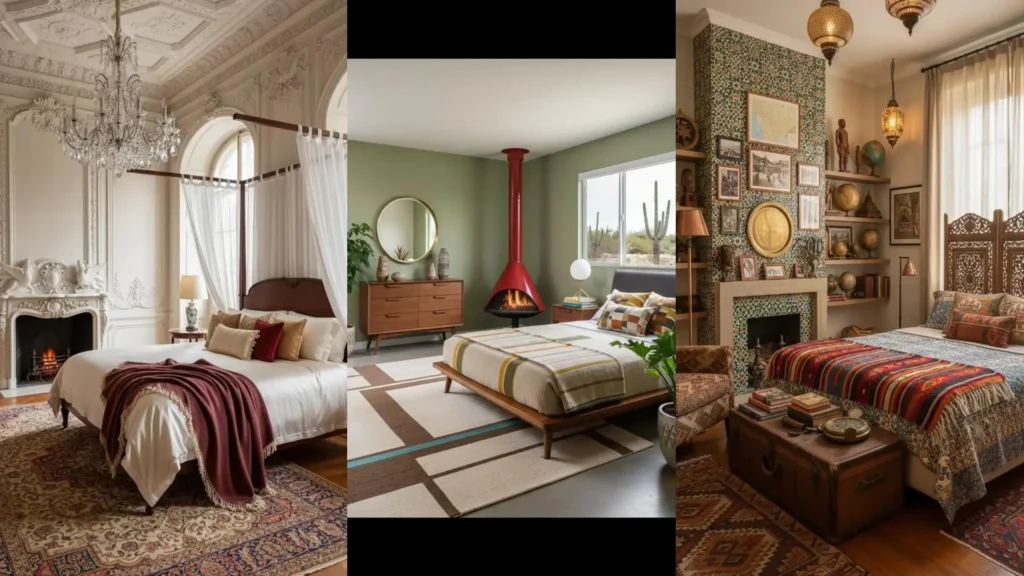 Collage di tre stanze da letto accoglienti, ognuna con un camino e un grande plaid di lana per un'atmosfera calda.