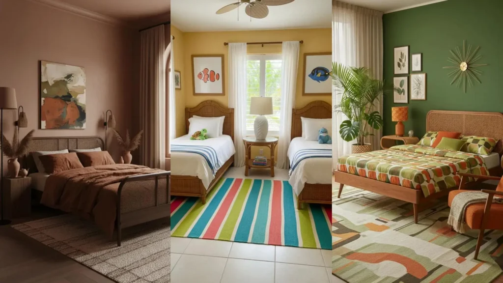 Ispirazione per interni tropicali: tre camere da letto con mobili in rattan e dettagli naturali come piante.