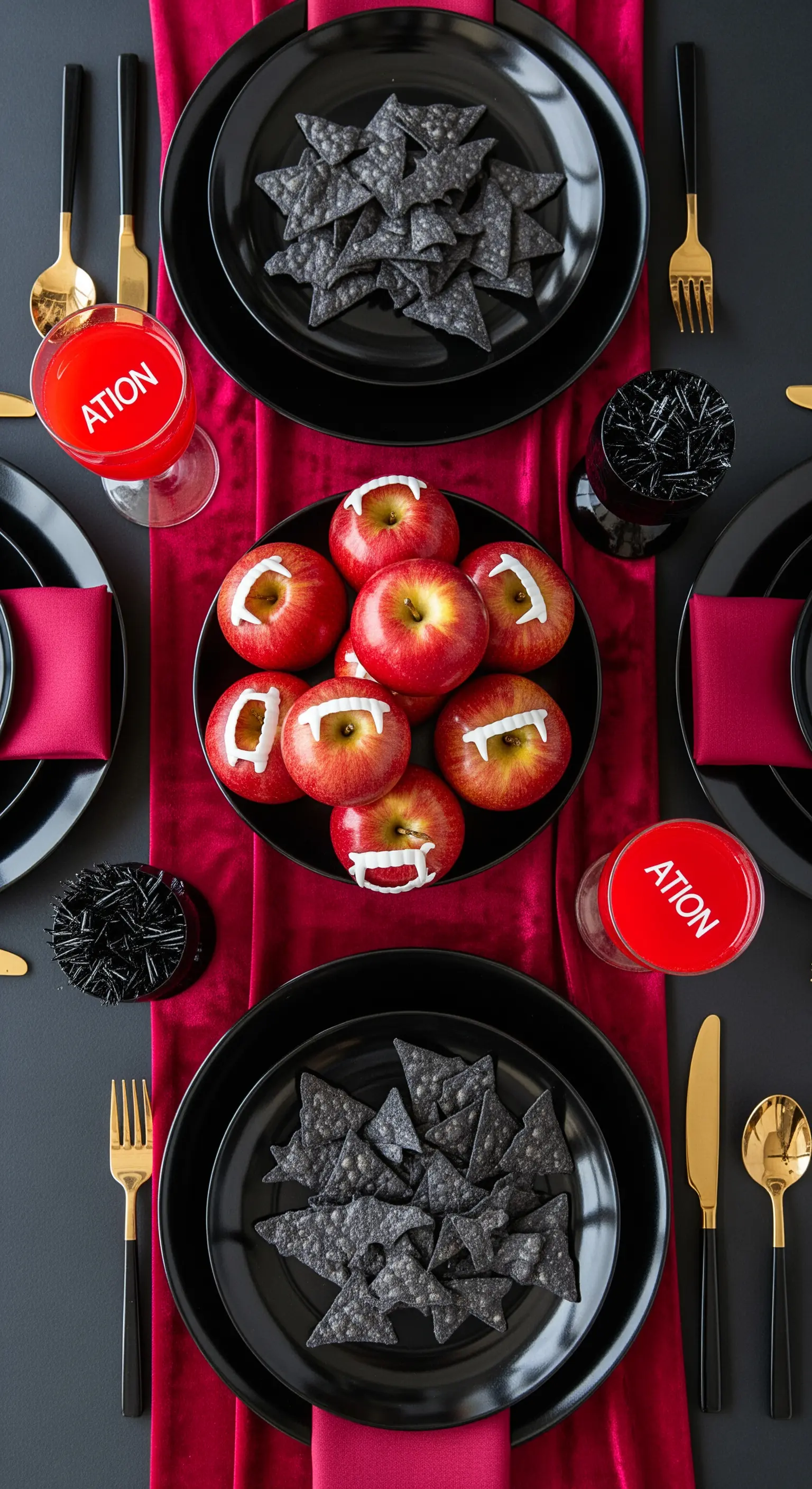 Tavola di Halloween apparecchiata in nero, rosso e oro, con mele a forma di bocca di vampiro.