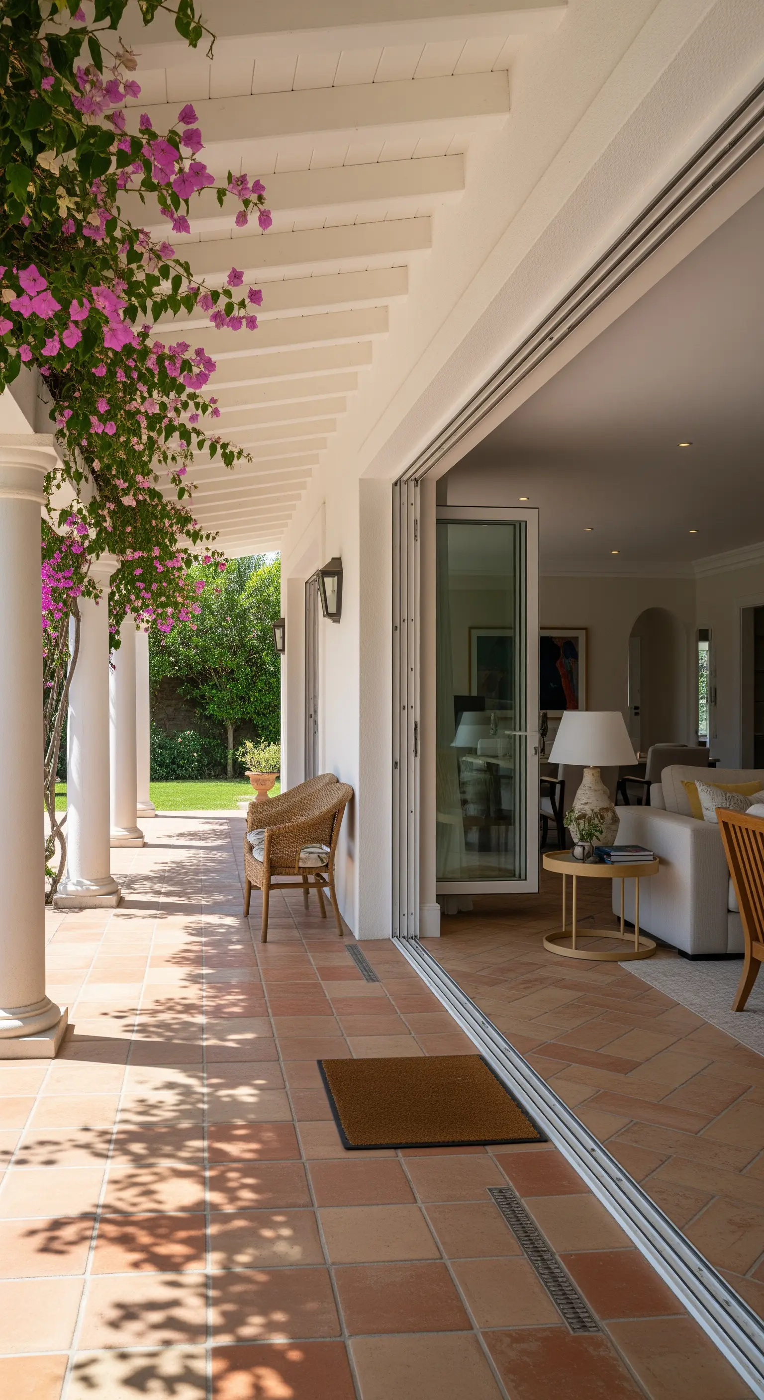 Portico con pavimento in cotto collegato a un salotto tramite una grande porta a vetri a libro
