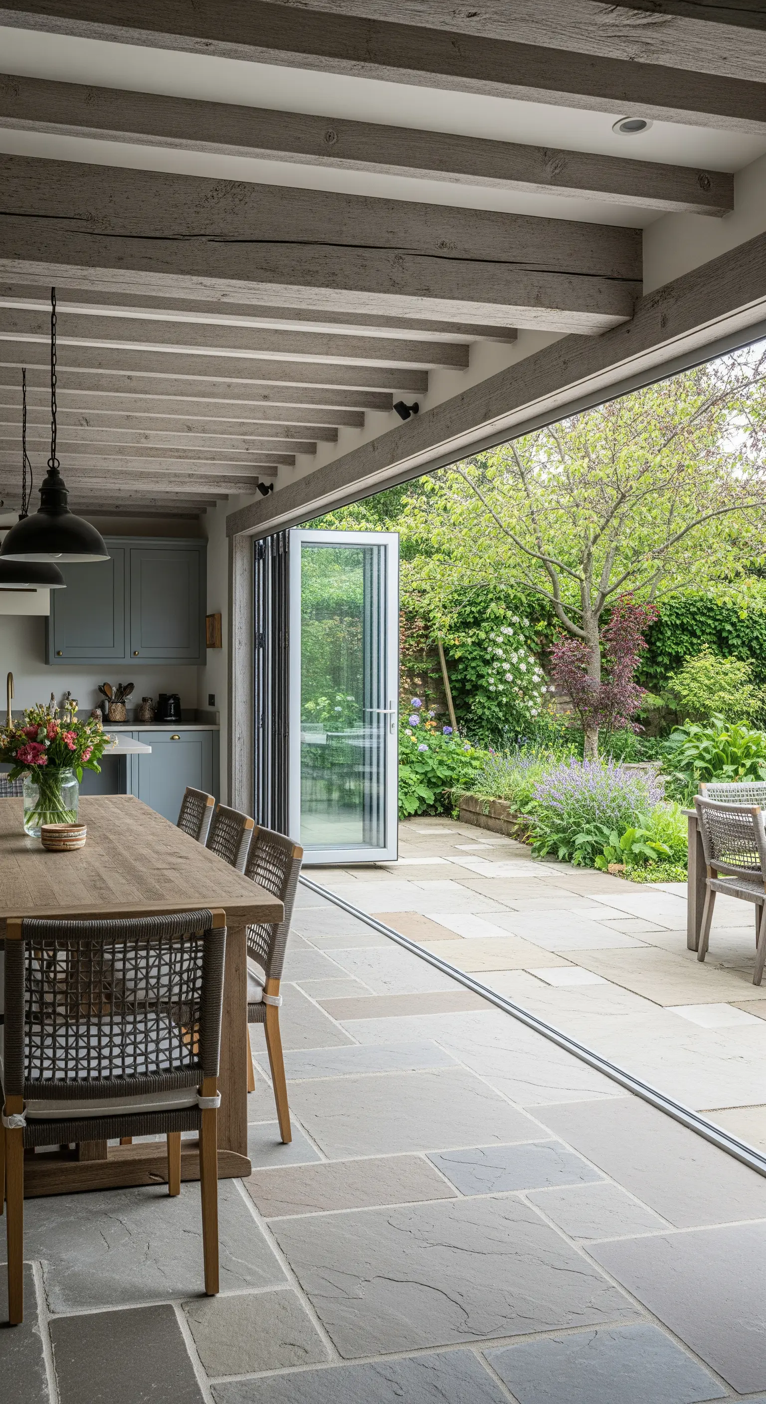 Cucina con parete vetrata apribile che si affaccia su un giardino rigoglioso.
