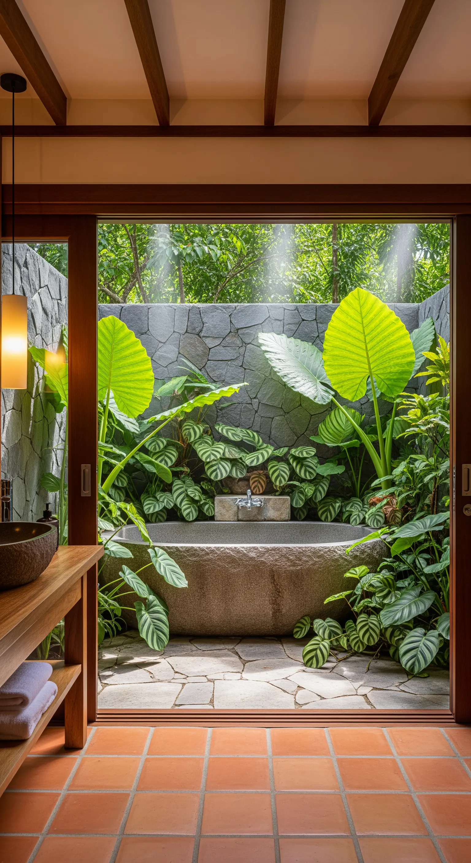 Bagno con pavimento in cotto che prosegue in un giardino esterno con vasca in pietra.