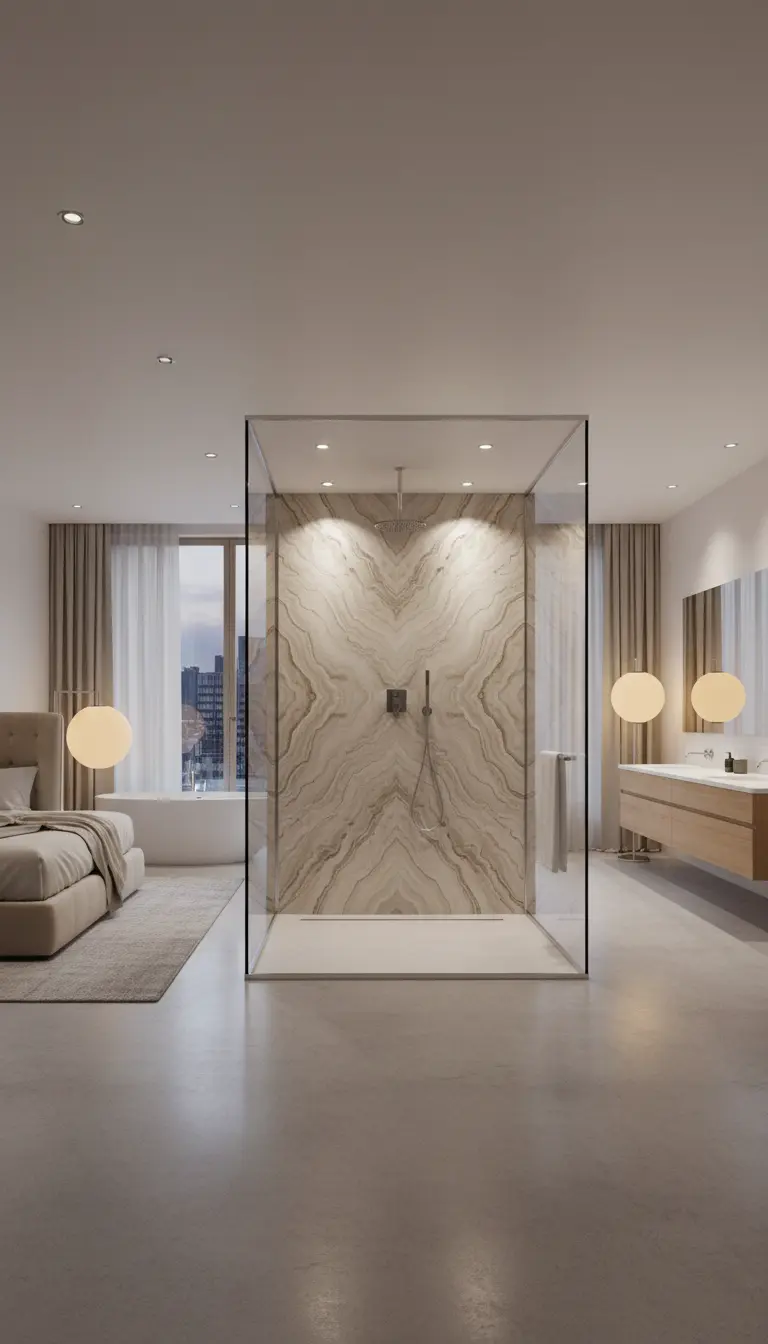 Box doccia in vetro trasparente con pareti in marmo, posizionato al centro di una camera da letto.