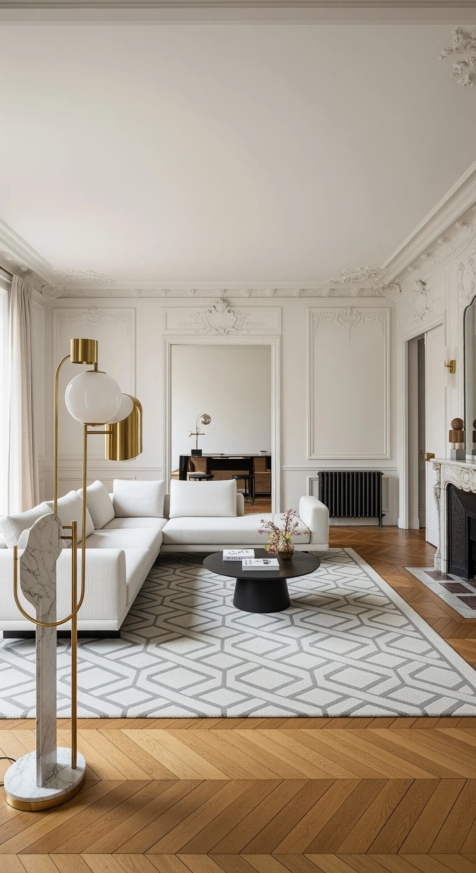 Salotto parigino con divano bianco moderno, stucchi e una lampada scultorea in marmo e ottone.