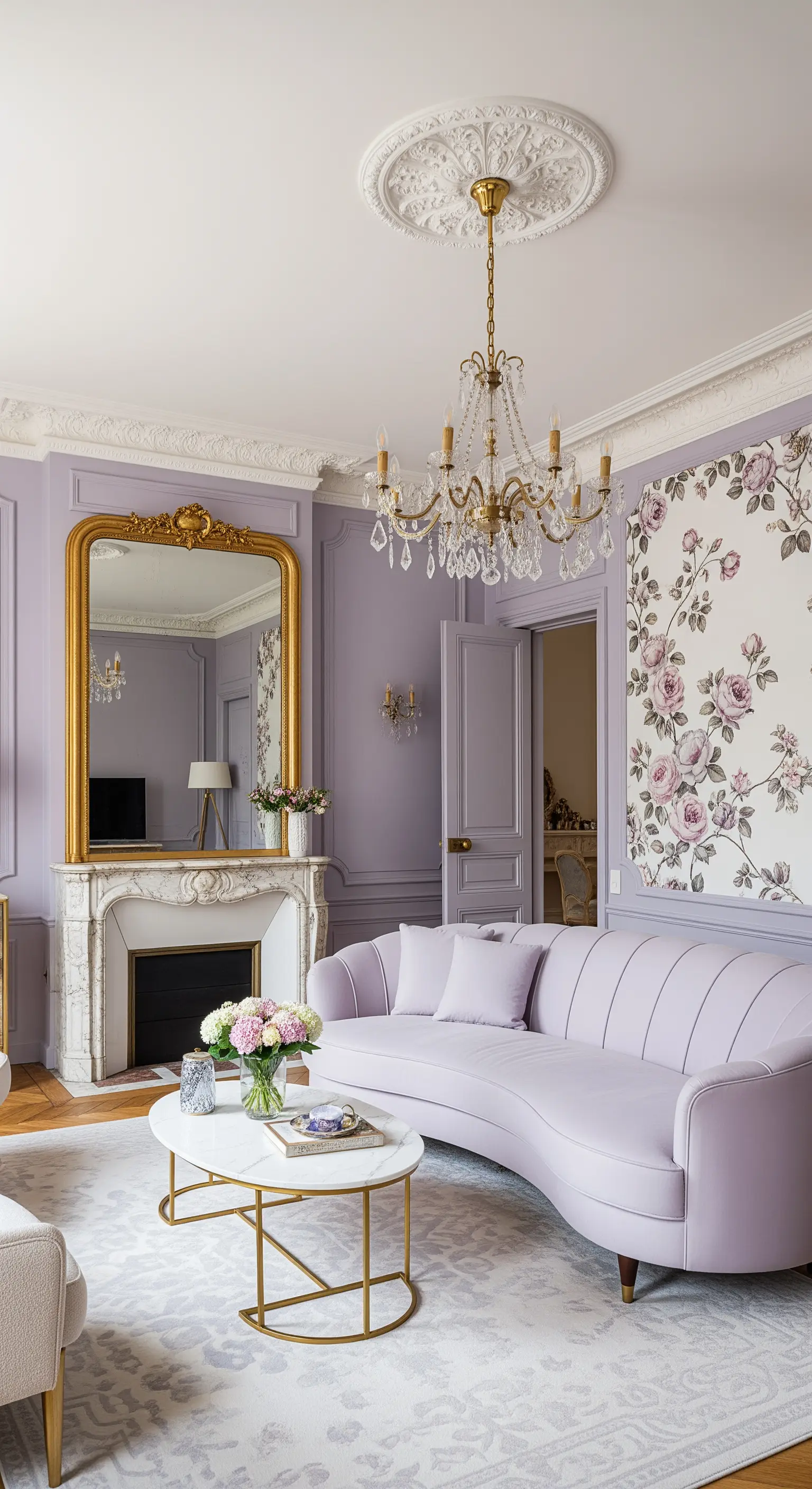Salotto parigino con pareti lilla, divano curvo in velluto e carta da parati floreale.