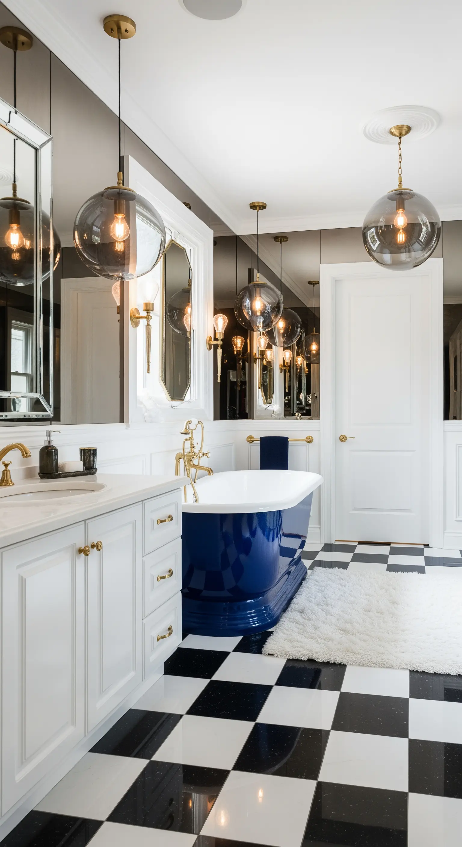Vasca freestanding blu cobalto su un pavimento a scacchi bianchi e neri.