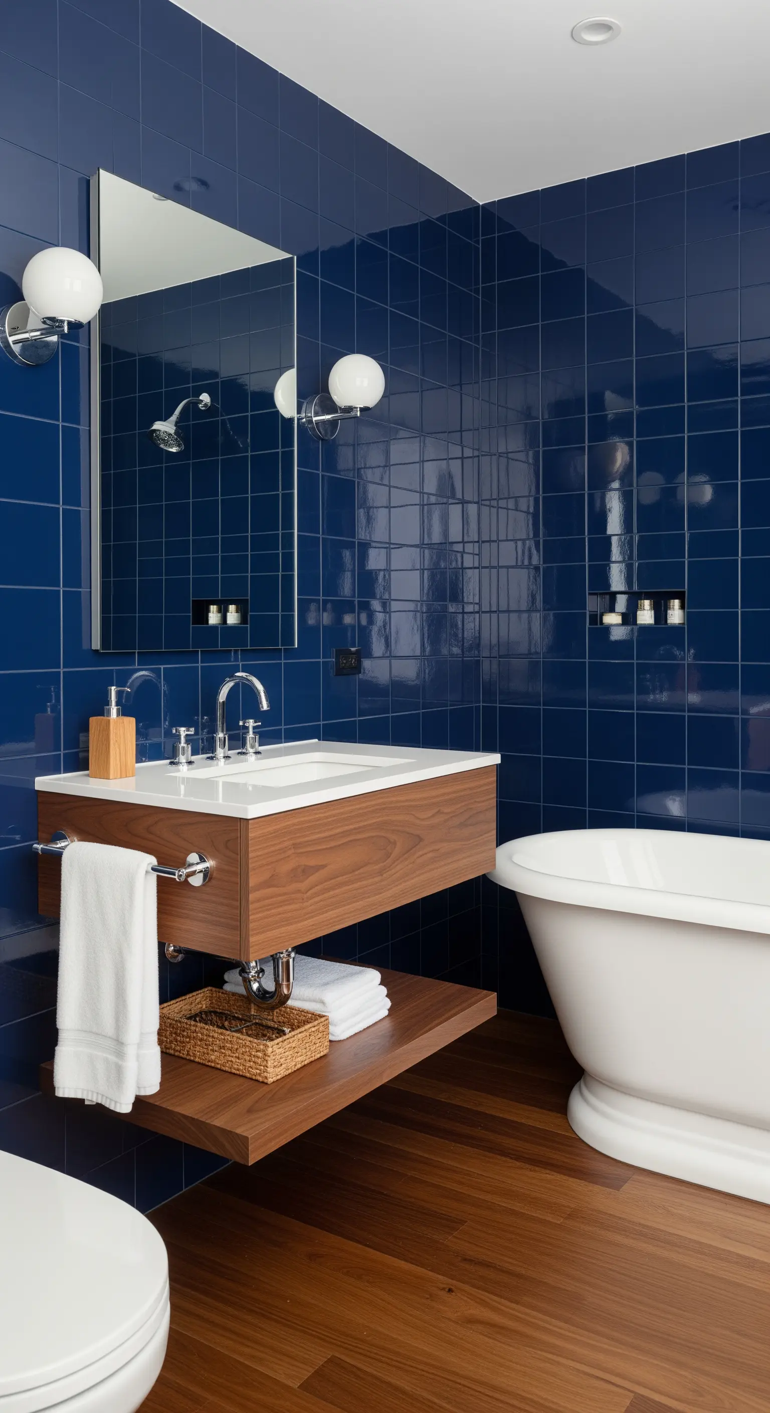 Bagno con piastrelle blu navy lucide, pavimento e mobile in legno di noce.