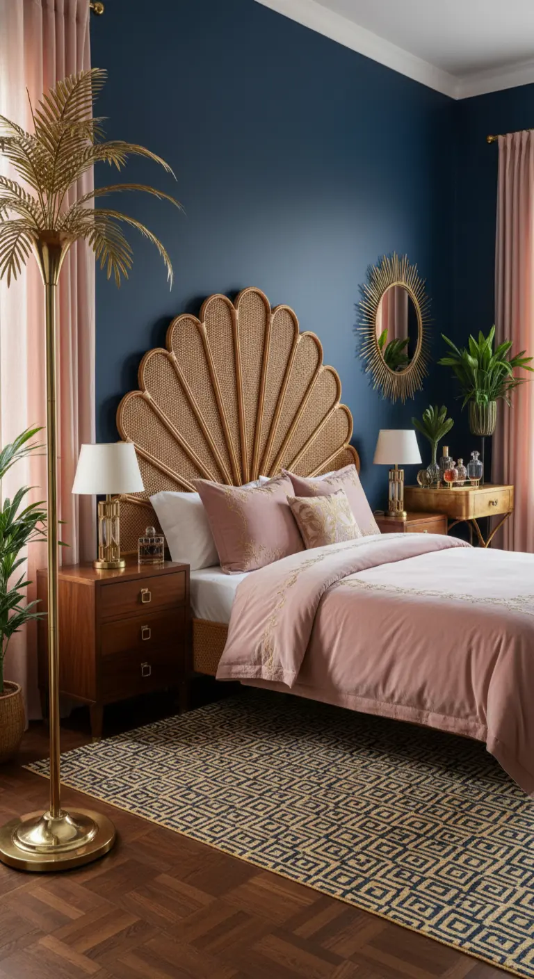 Camera da letto blu notte con testiera a conchiglia in rattan e lampada a palma dorata.