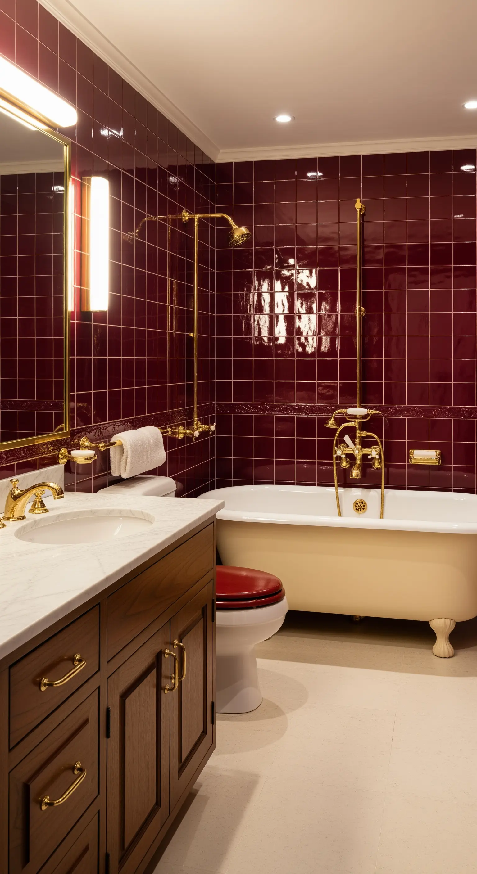 Bagno con piastrelle bordeaux lucide, dettagli in ottone e vasca color crema.