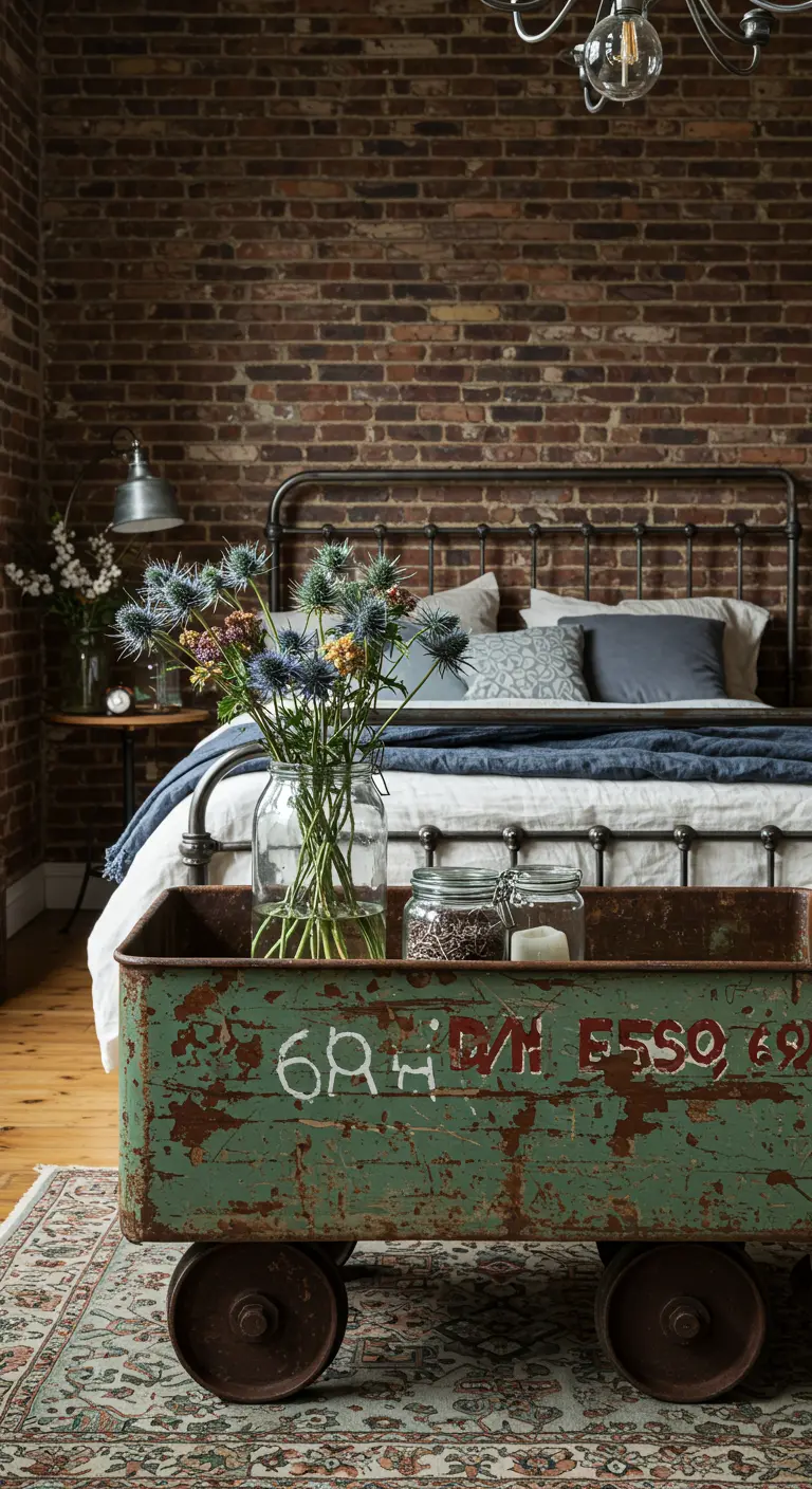 Camera da letto in stile industriale con parete di mattoni e un carrello vintage decapato.