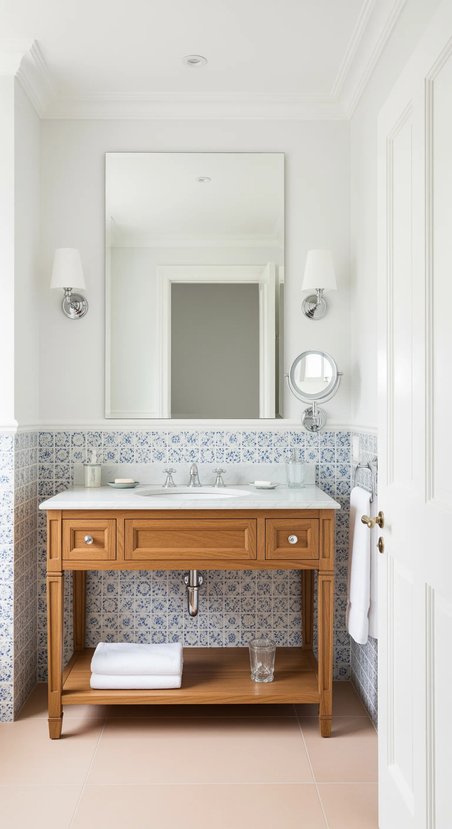 Mobile da bagno in legno con top in marmo e piastrelle azzurro polvere a parete.