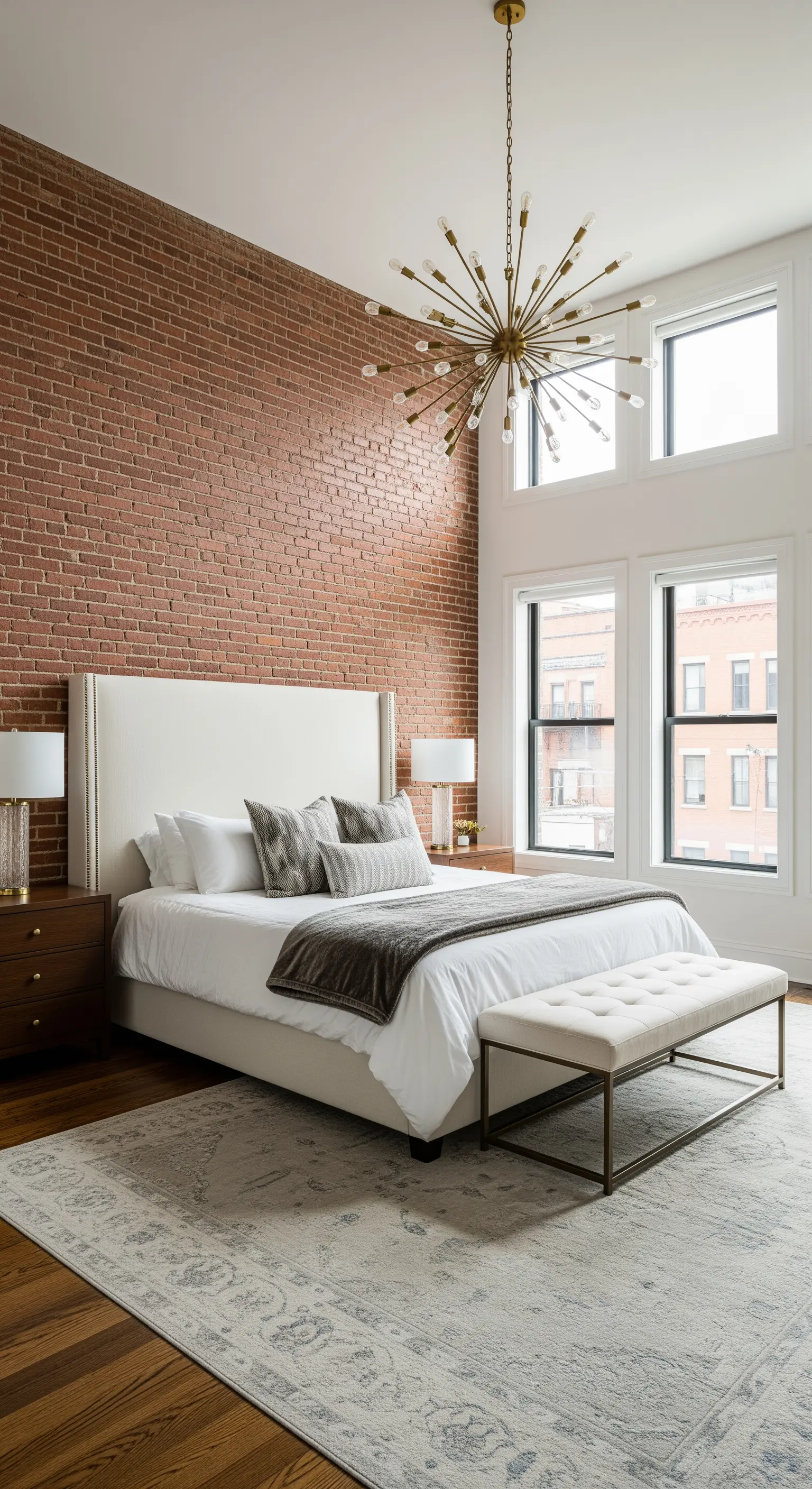 Camera da letto elegante con parete di mattoni, grande lampadario dorato e letto imbottito bianco.