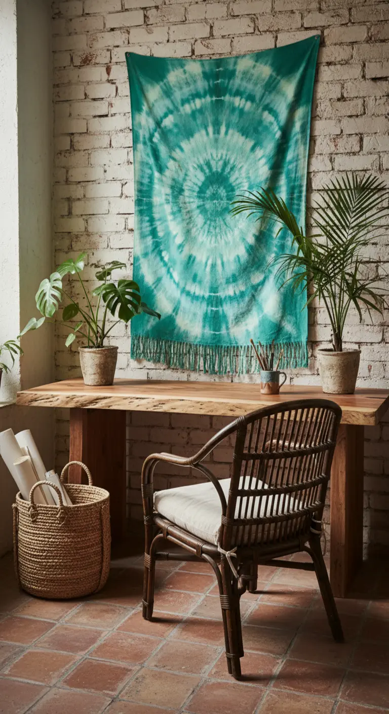 Scrivania in legno massiccio e sedia in rattan scuro contro una parete di mattoni bianchi.