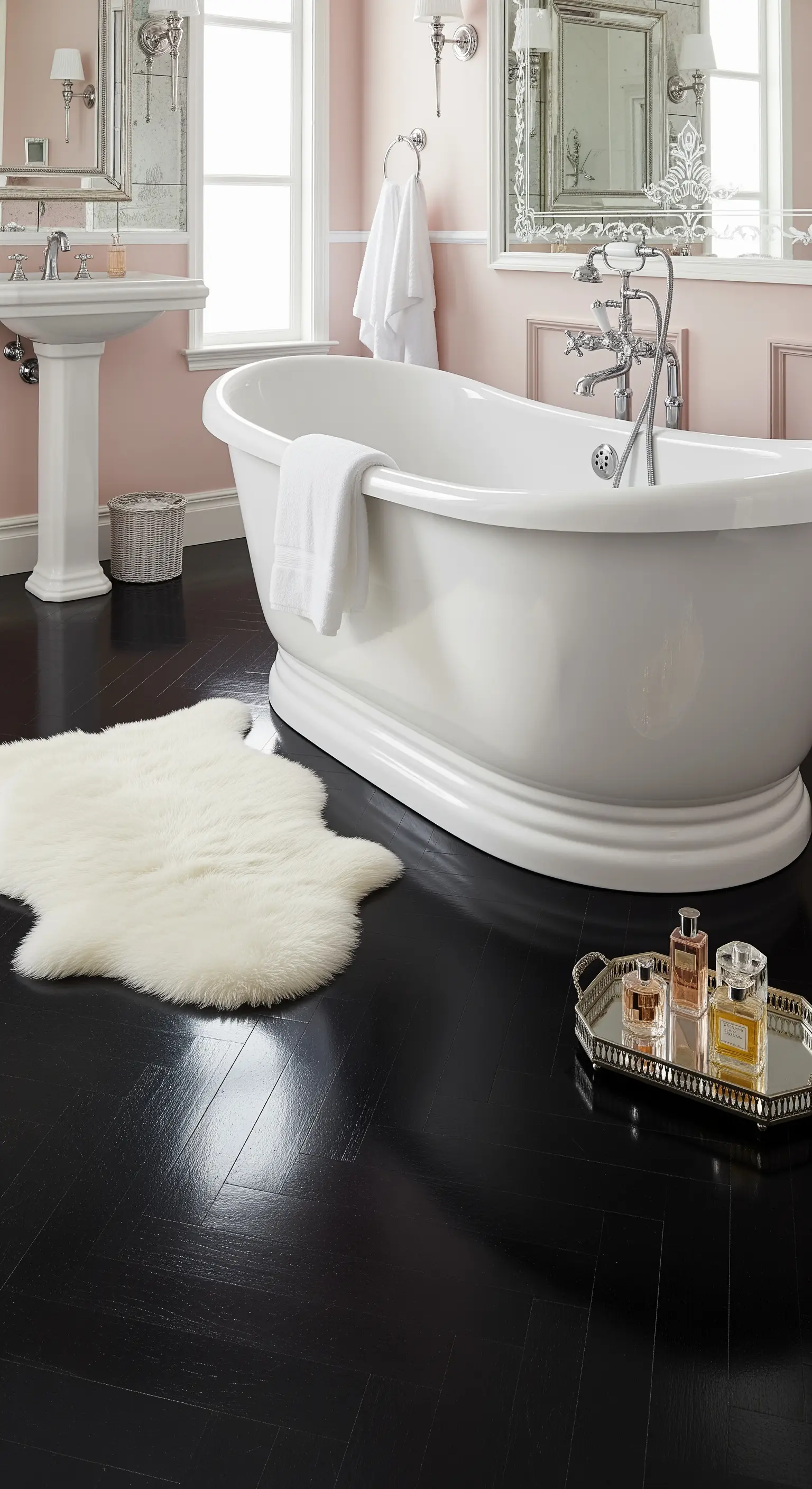 Bagno elegante con parquet nero lucido, pareti rosa cipria e vasca bianca con tappeto in pelliccia.