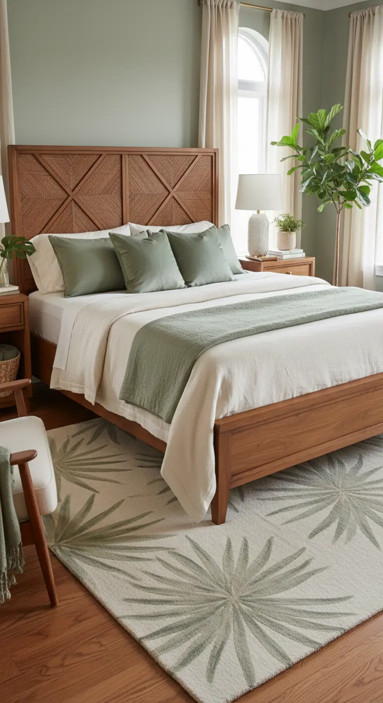 Camera da letto con pareti verde salvia, letto in legno scuro e rattan, e tappeto a foglie.