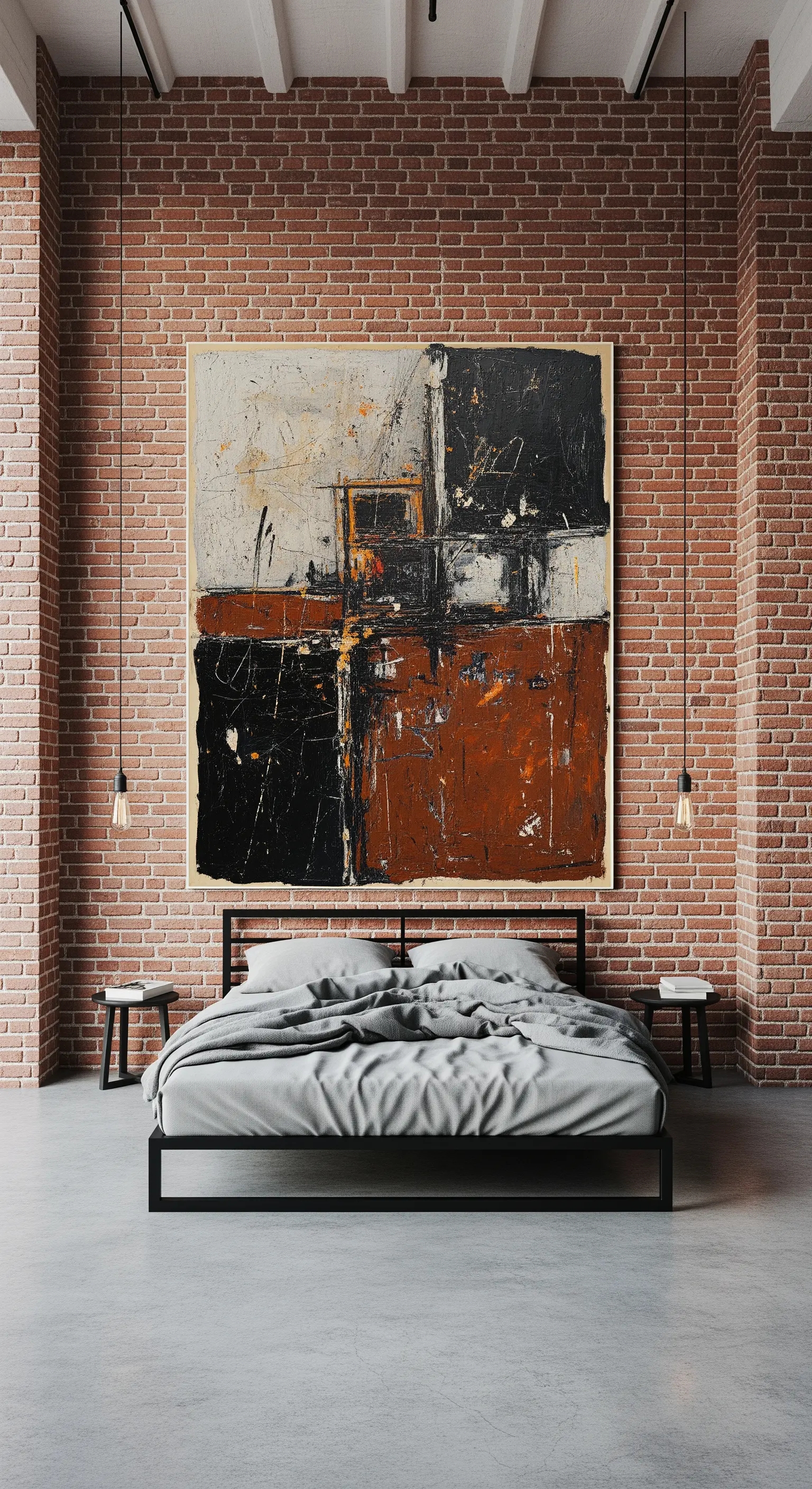 Grande quadro astratto con toni ruggine e nero appeso a una parete di mattoni rossi in un loft.