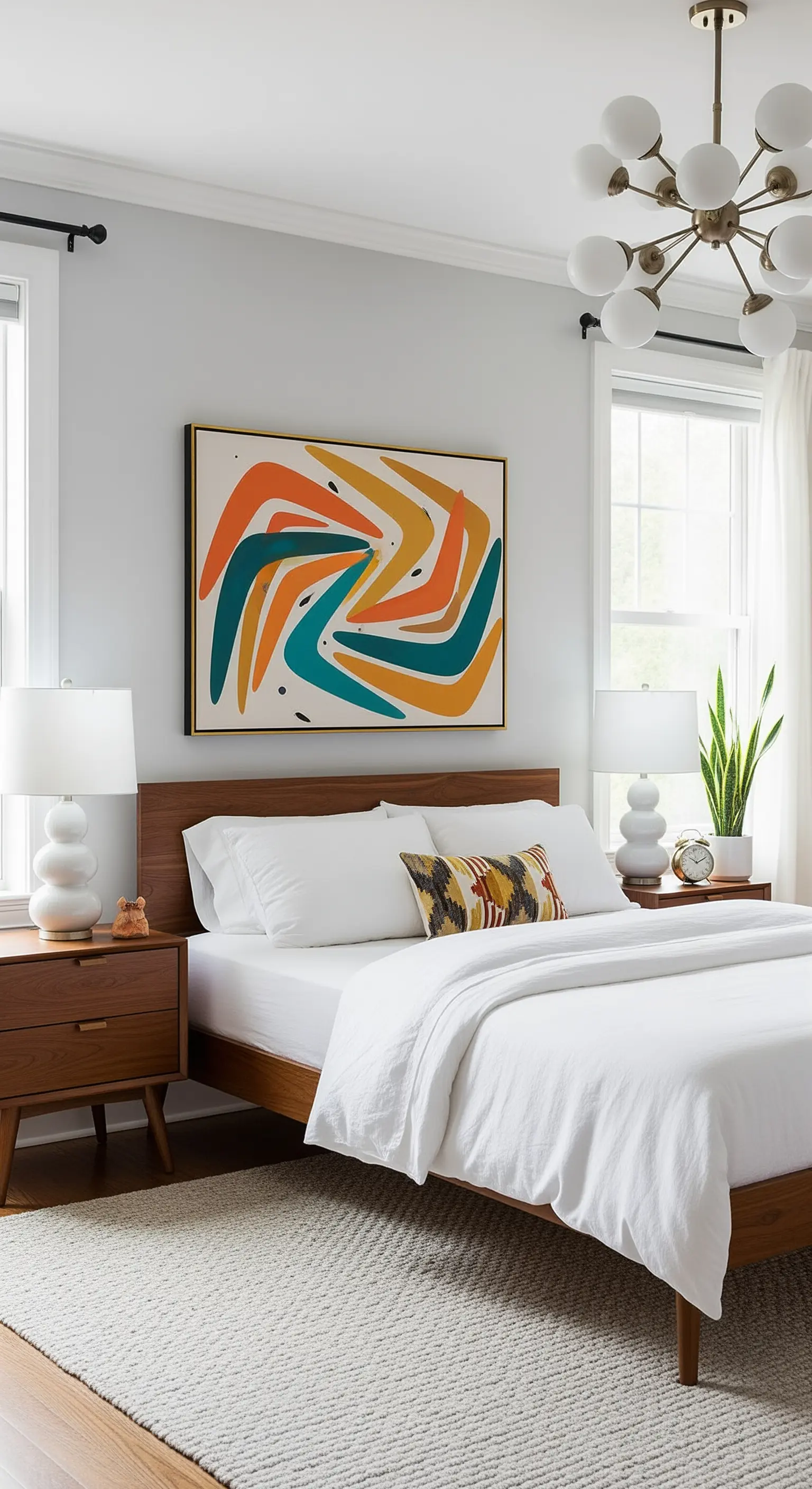 Quadro in stile Mid-Century Modern con forme astratte colorate, in una camera con arredi coordinati.