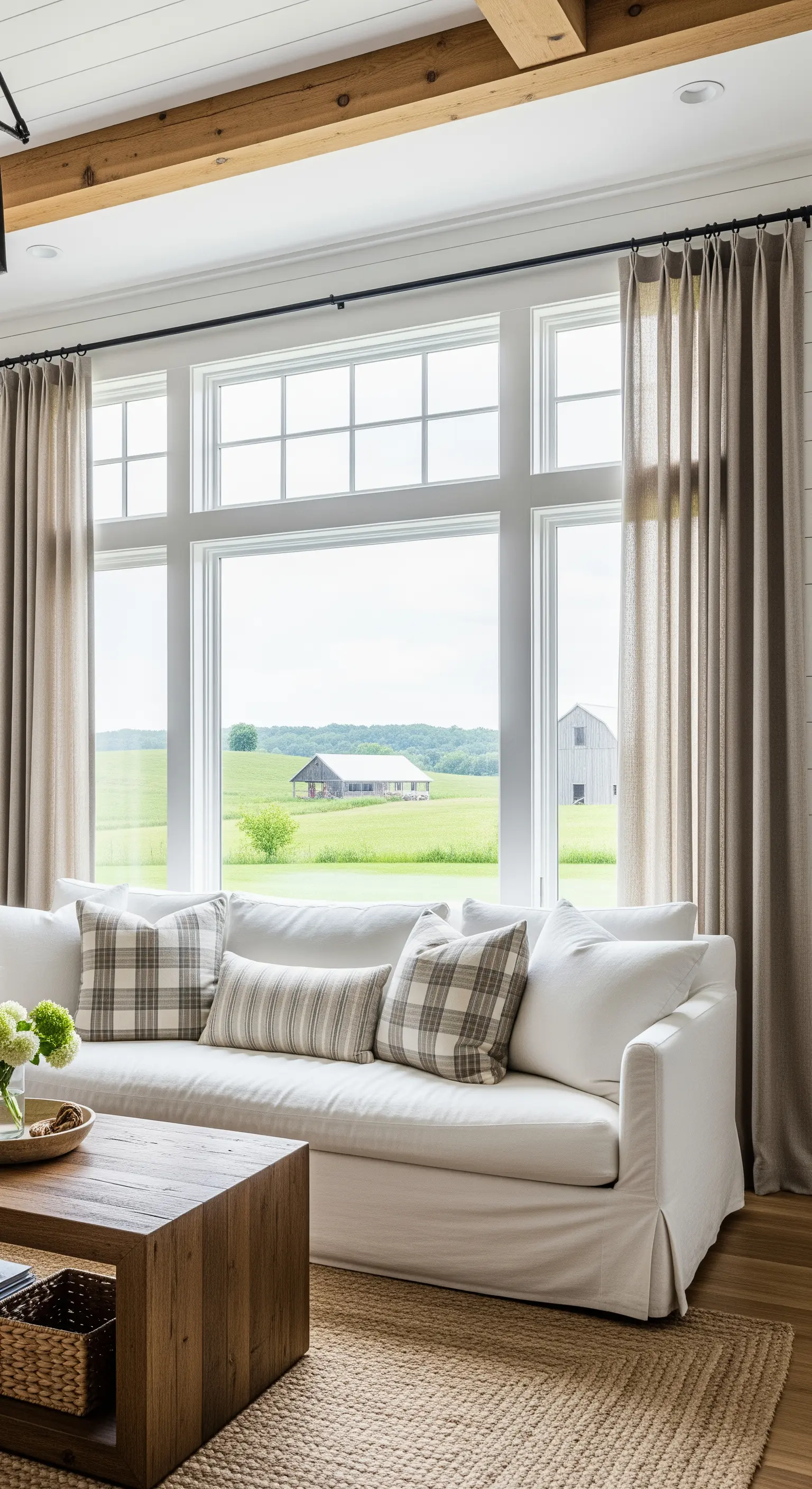 Salotto di campagna con divano bianco, travi in legno e vista su un prato verde.
