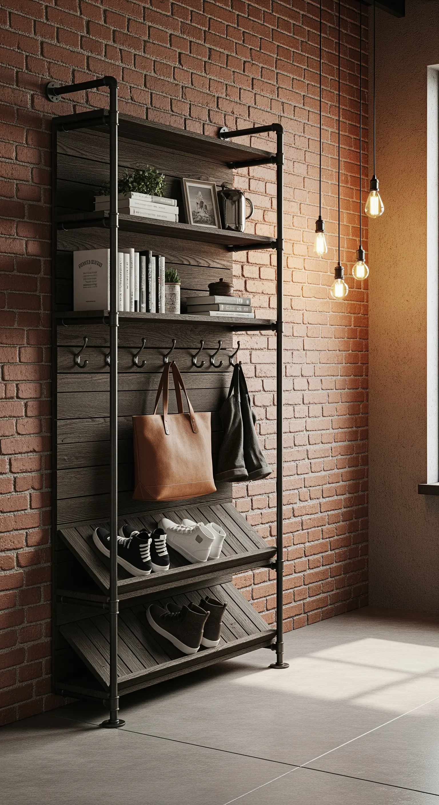 Libreria in stile industriale con tubi in metallo nero e mensole in legno scuro su parete di mattoni.