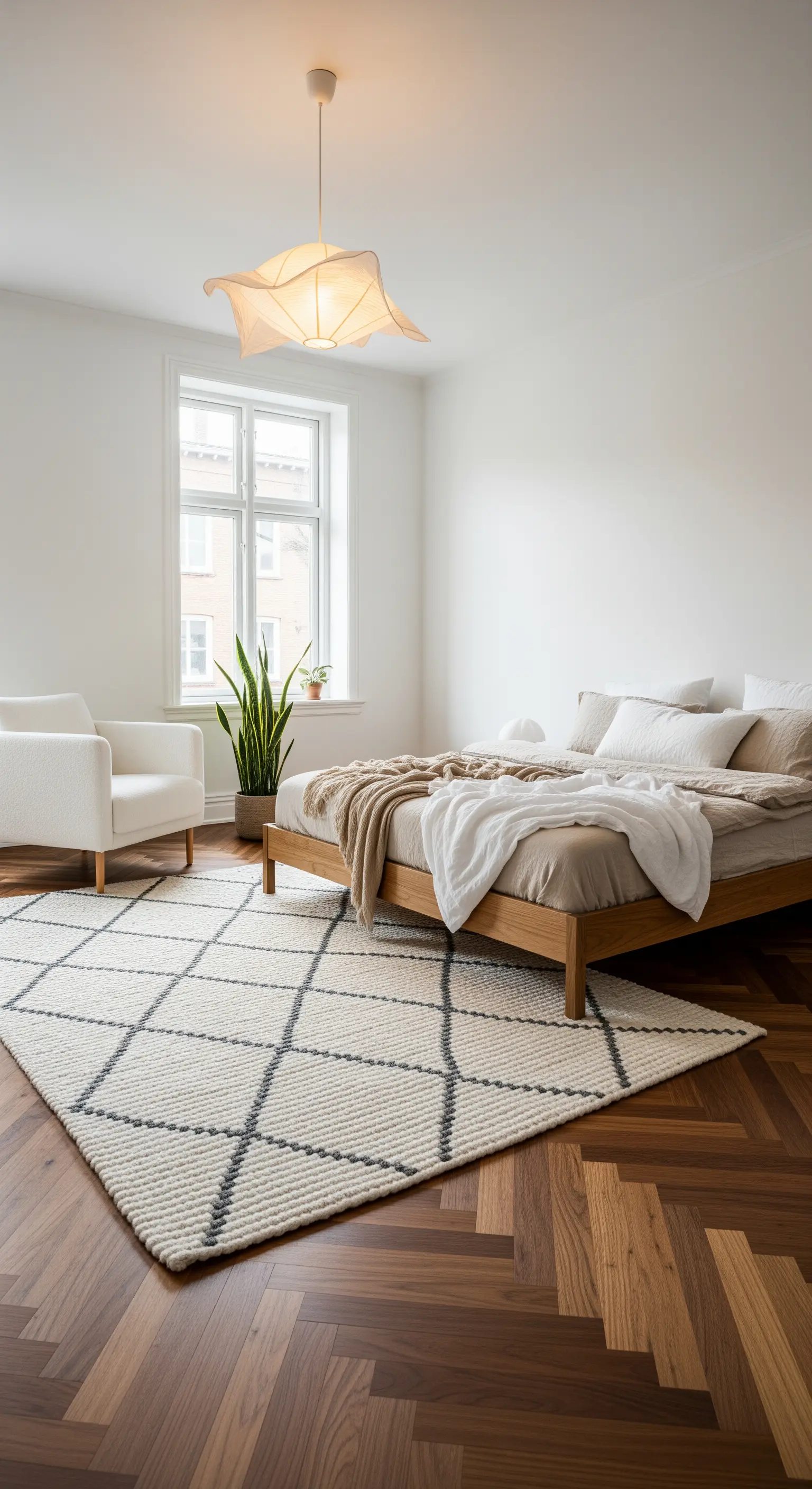 Letto in legno chiaro su un tappeto a rombi e parquet a spina di pesce