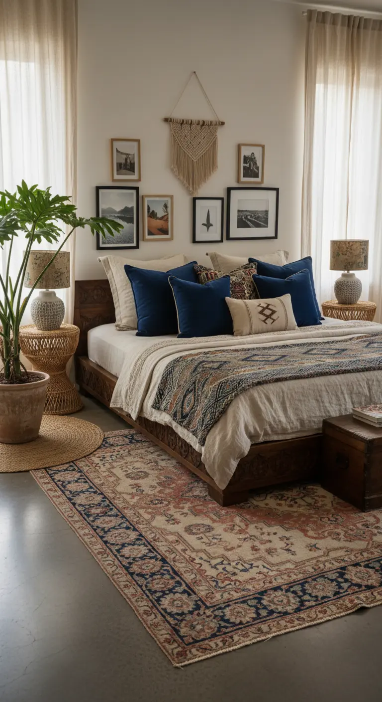 Cuscini in velluto blu su un letto in legno intagliato con un tappeto persiano.