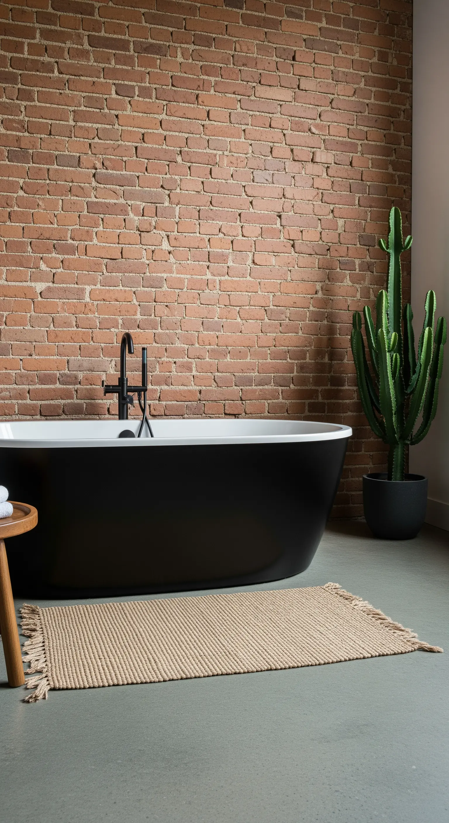 Bagno con parete in mattoni a vista, vasca freestanding nera e un grande cactus.