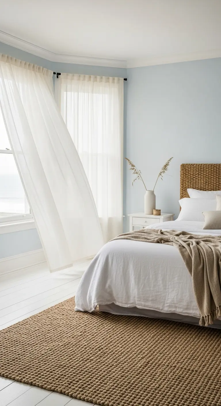 Camera da letto con pareti azzurro polvere, tende color crema e un tappeto in iuta intrecciata.