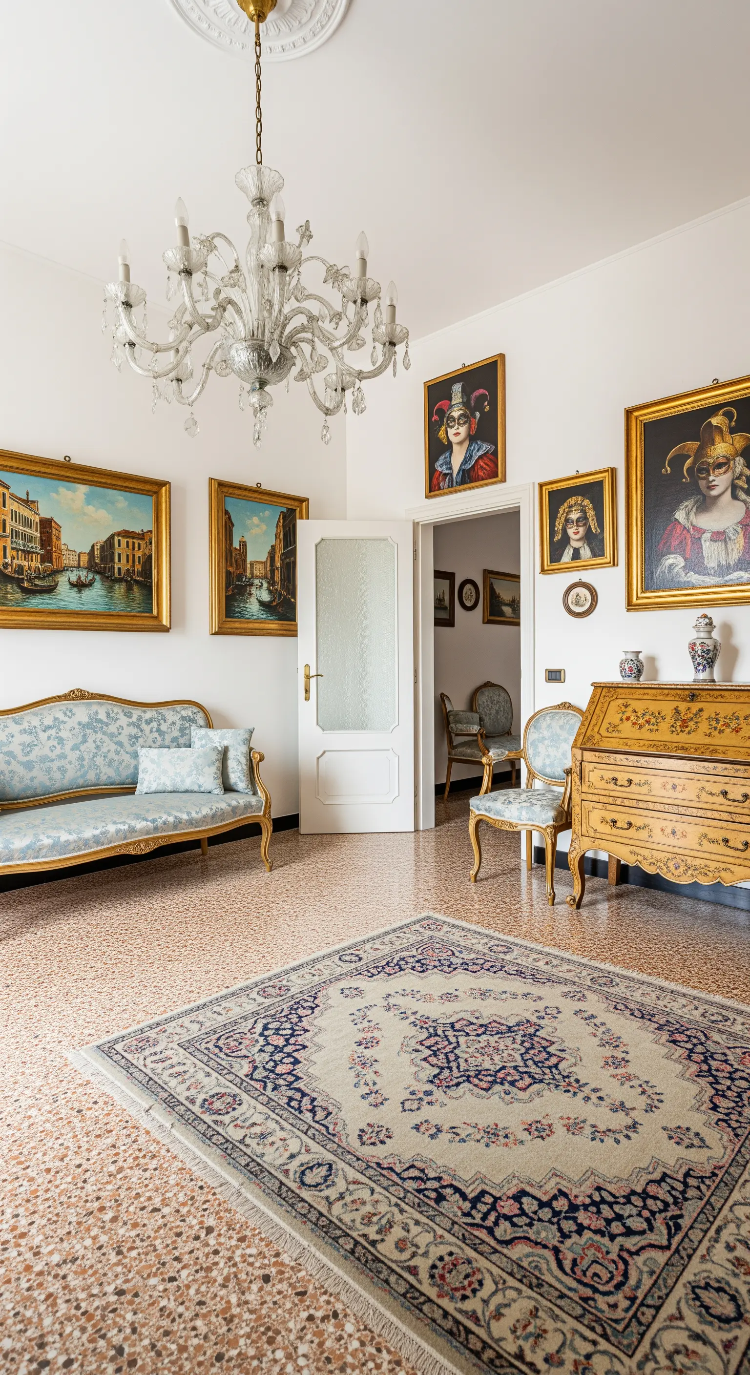 Soggiorno con pavimento in terrazzo, divano azzurro e quadri veneziani.