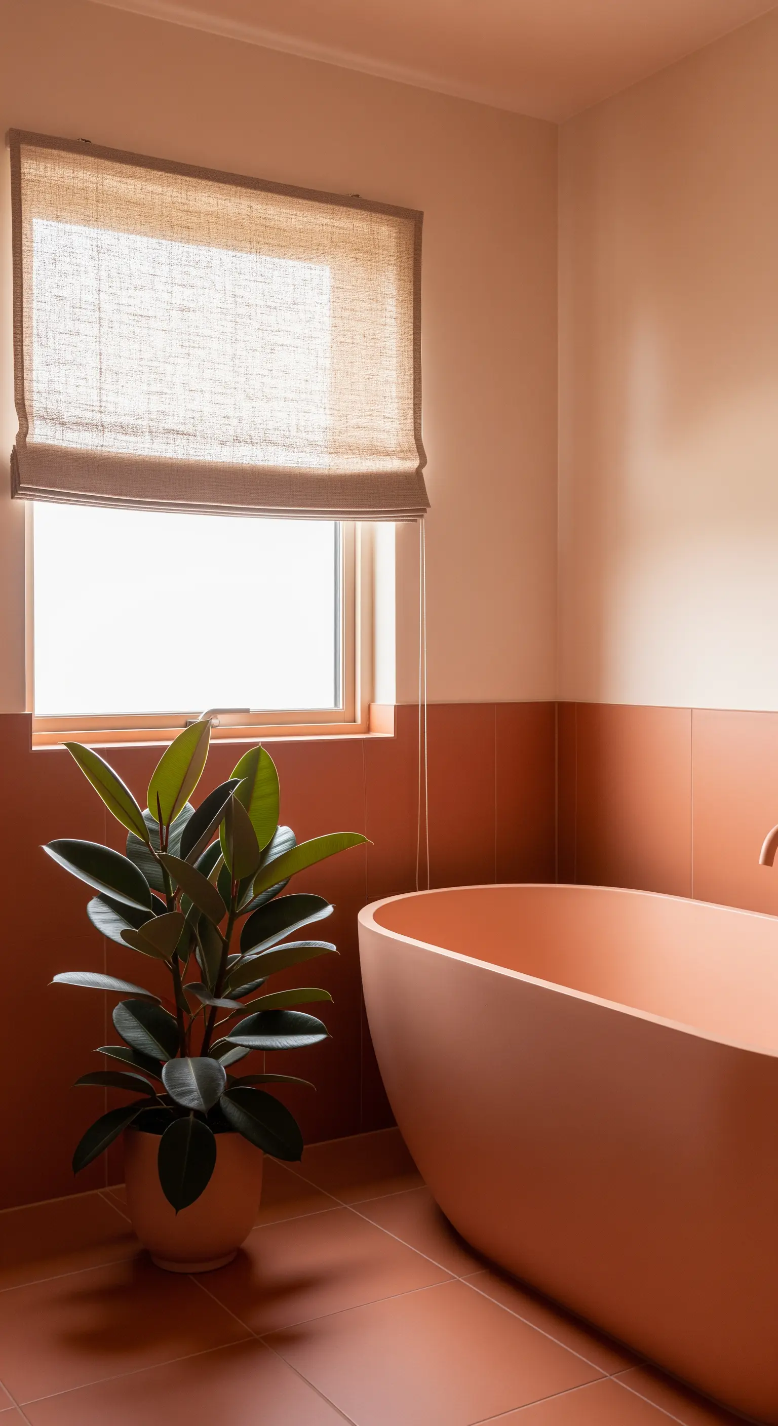 Bagno con vasca e pavimento in diverse tonalità di terracotta, con una pianta di Ficus Elastica.
