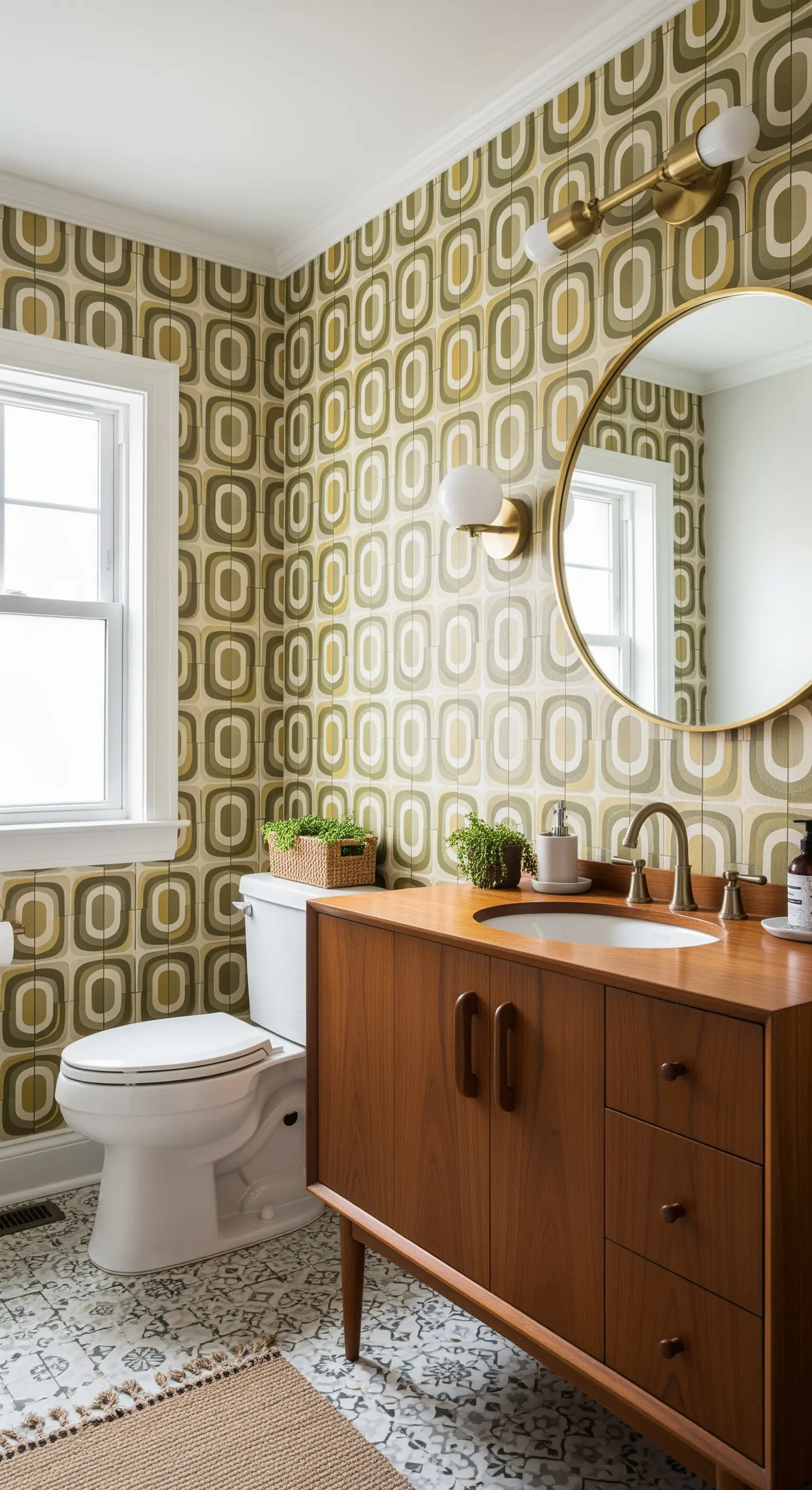 Bagno con carta da parati a motivi geometrici retro nei toni del verde e del senape.