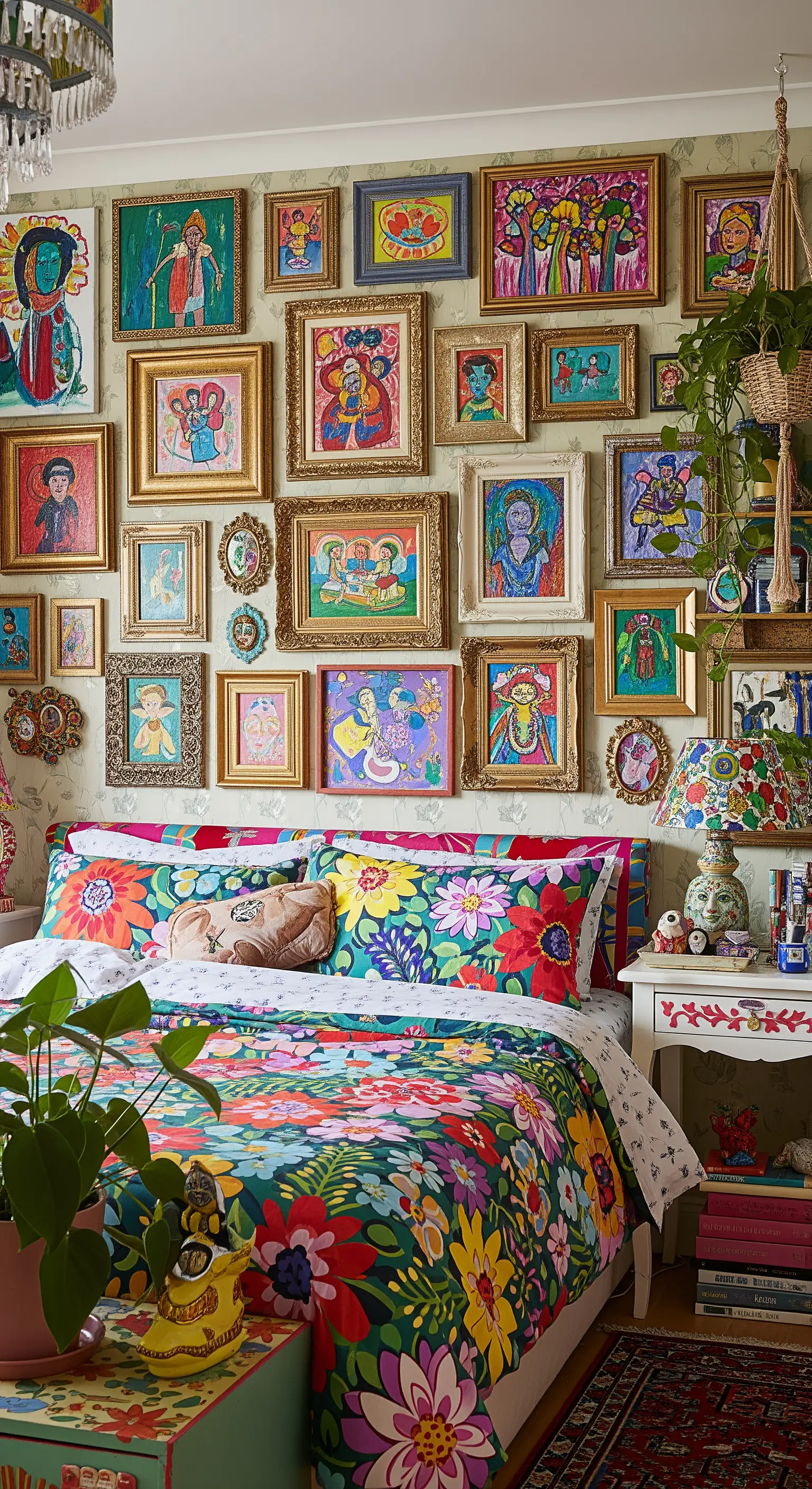 Parete interamente coperta da quadri colorati con cornici dorate in una camera da letto massimalista.