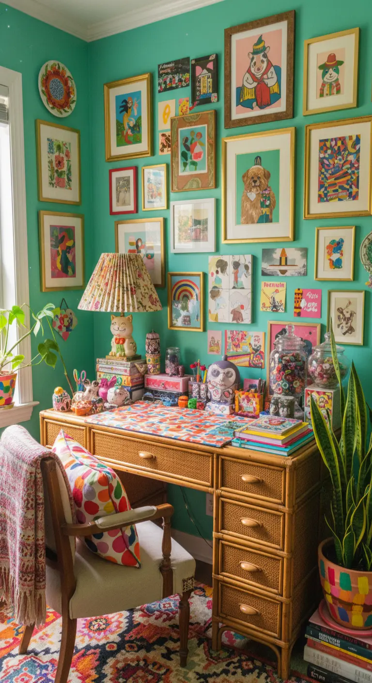 Scrivania in rattan circondata da una parete verde acqua interamente coperta di quadri colorati.