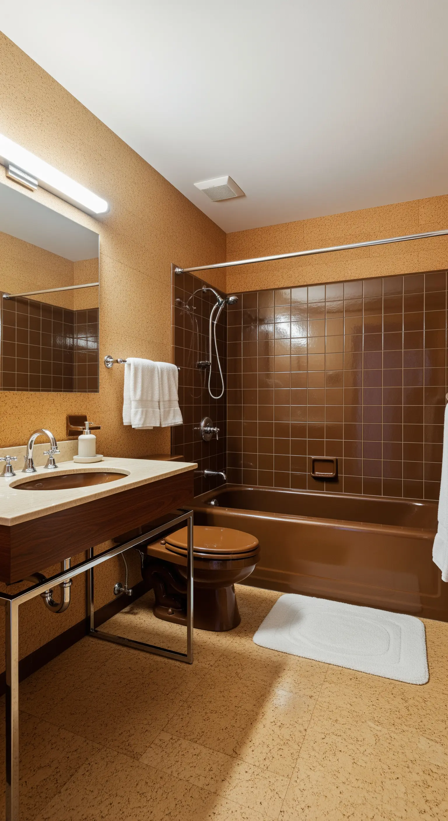 Bagno vintage con sanitari, vasca e piastrelle interamente marroni.
