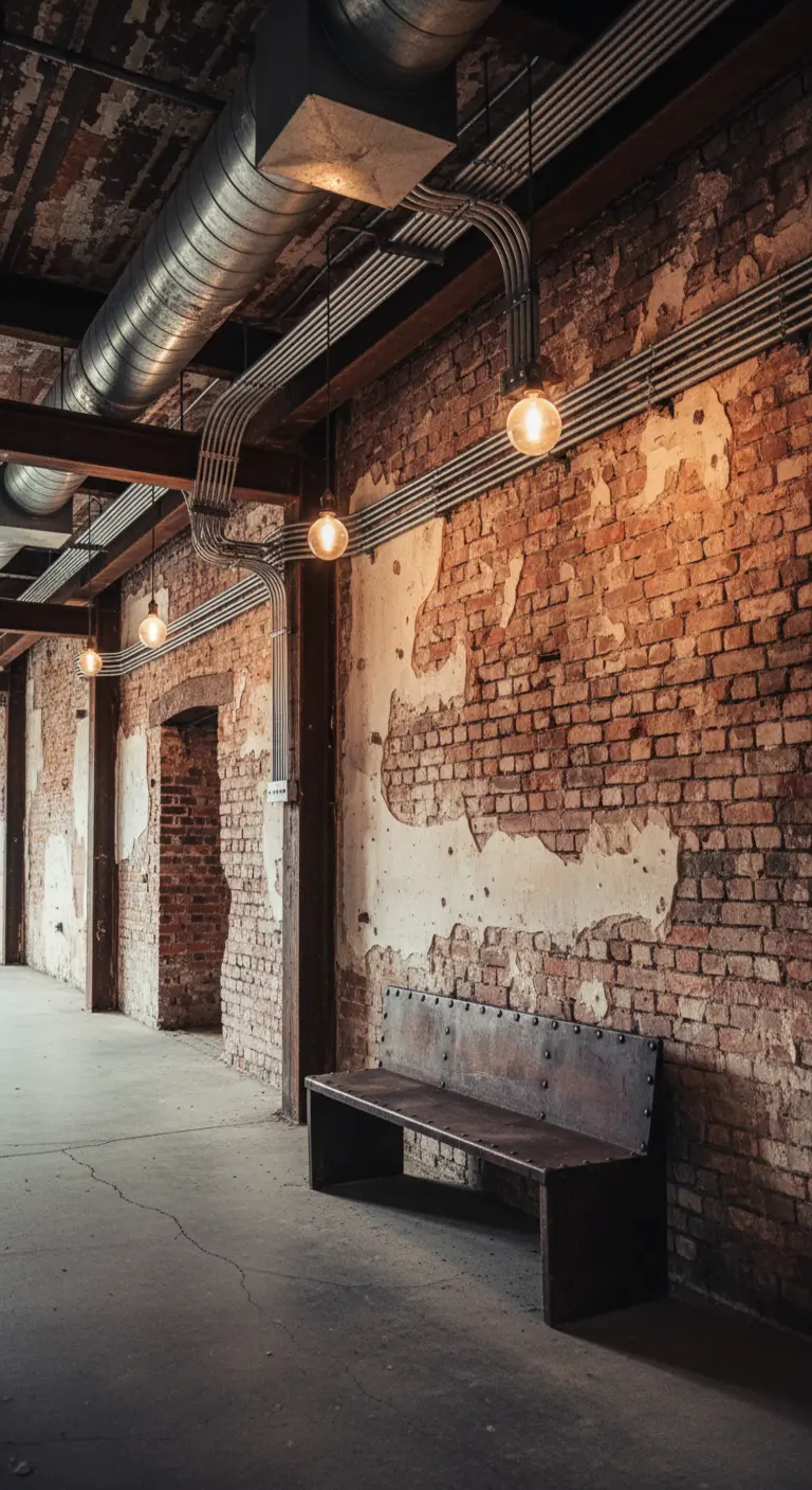 Parete di mattoni scrostati con tubi a vista e panca in metallo grezzo.