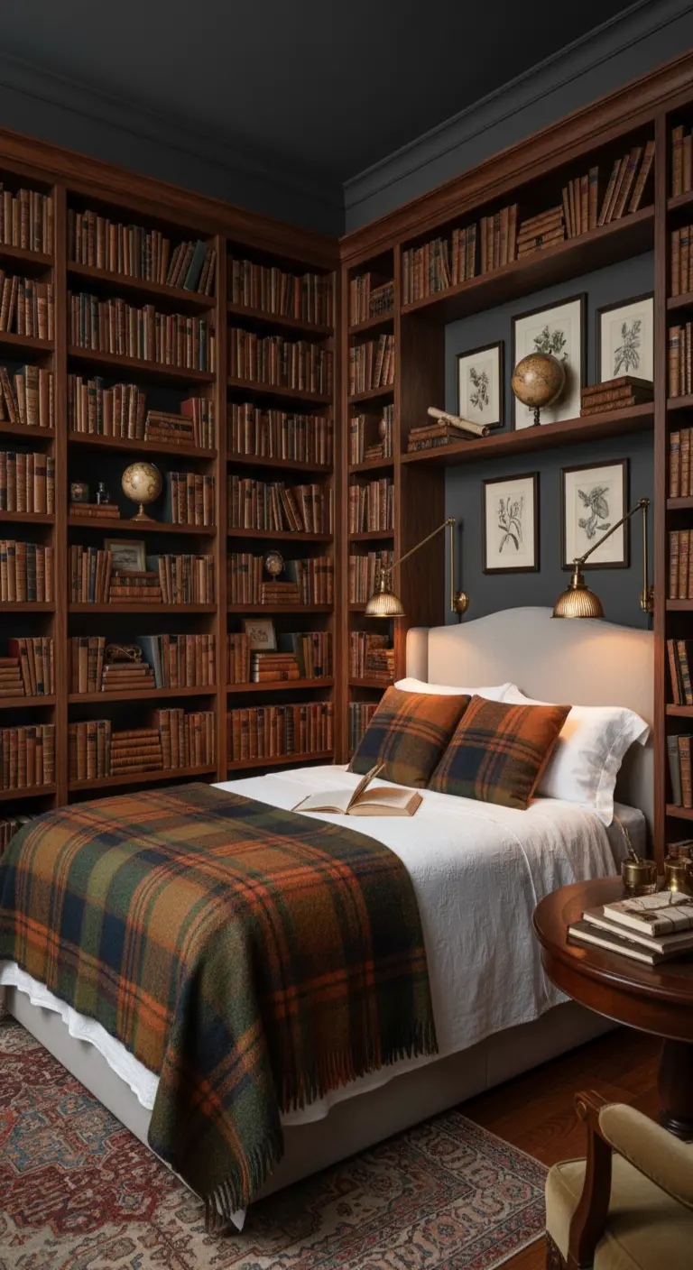 Camera da letto circondata da librerie in legno scuro, con un letto e plaid a quadri.