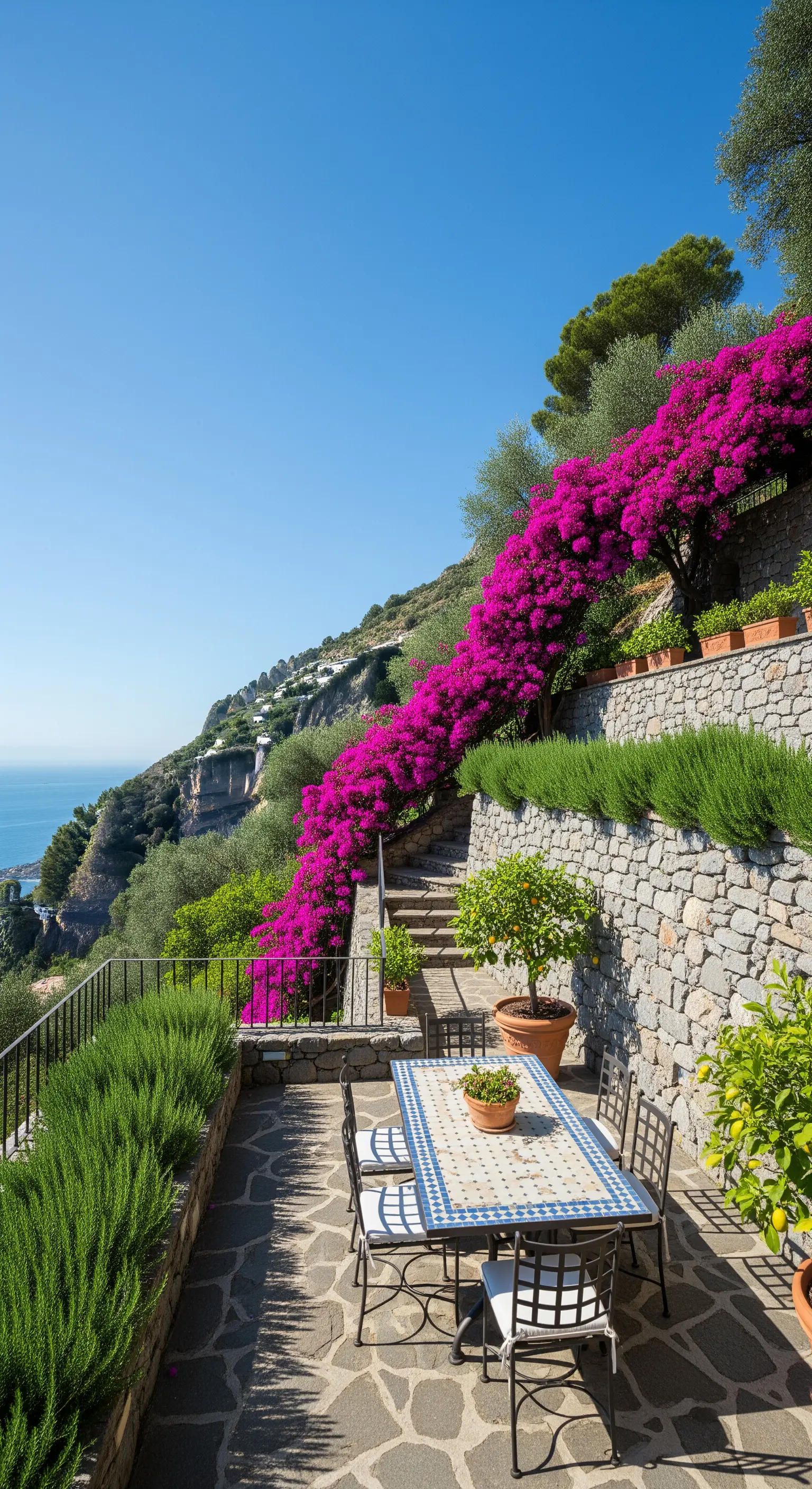 Giardino terrazzato a picco sul mare con muretti a secco, bouganville e tavolo in mosaico.