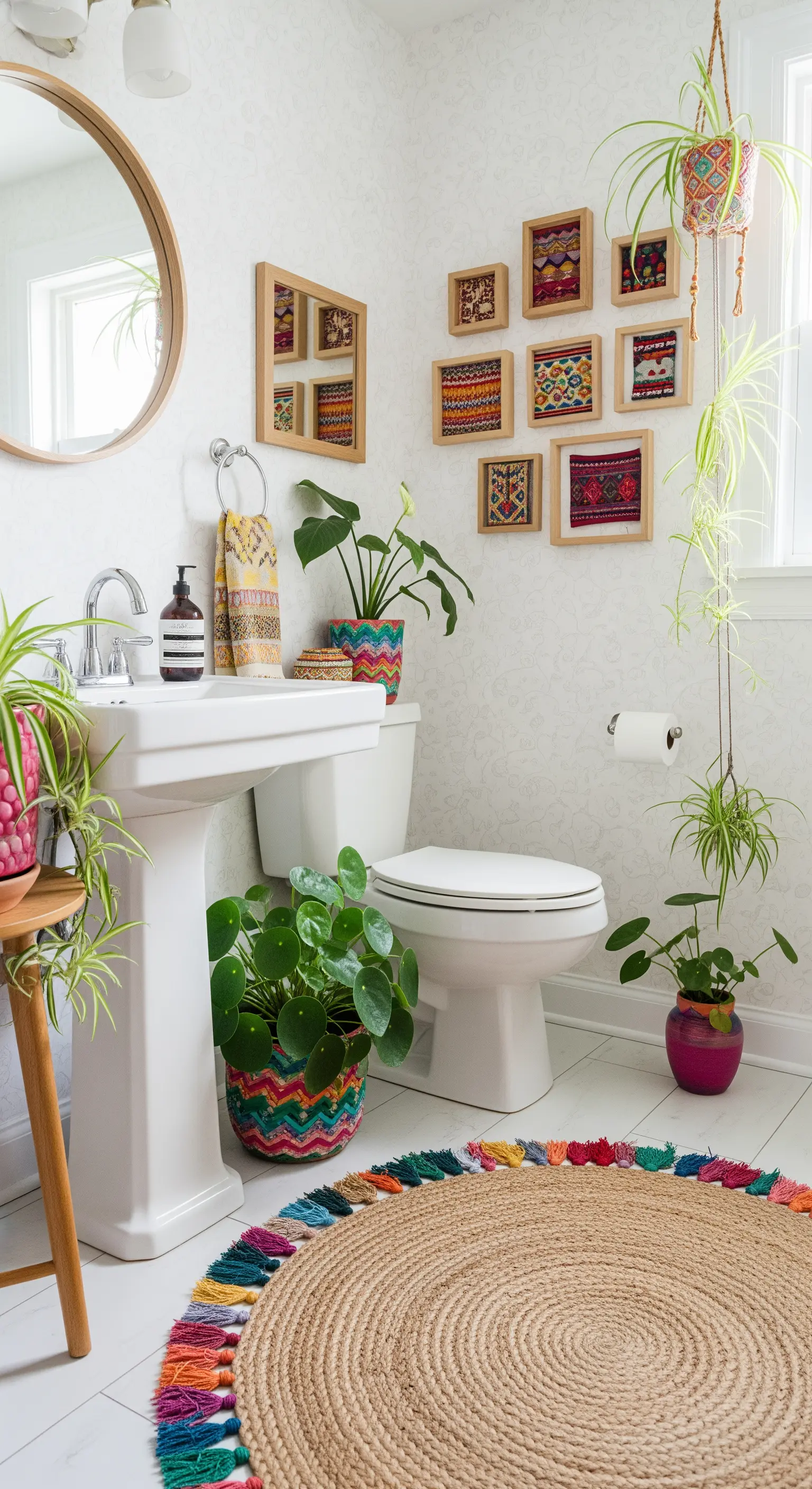 Bagno eclettico e colorato con tappeto rotondo in juta, tessuti incorniciati e vasi vivaci.