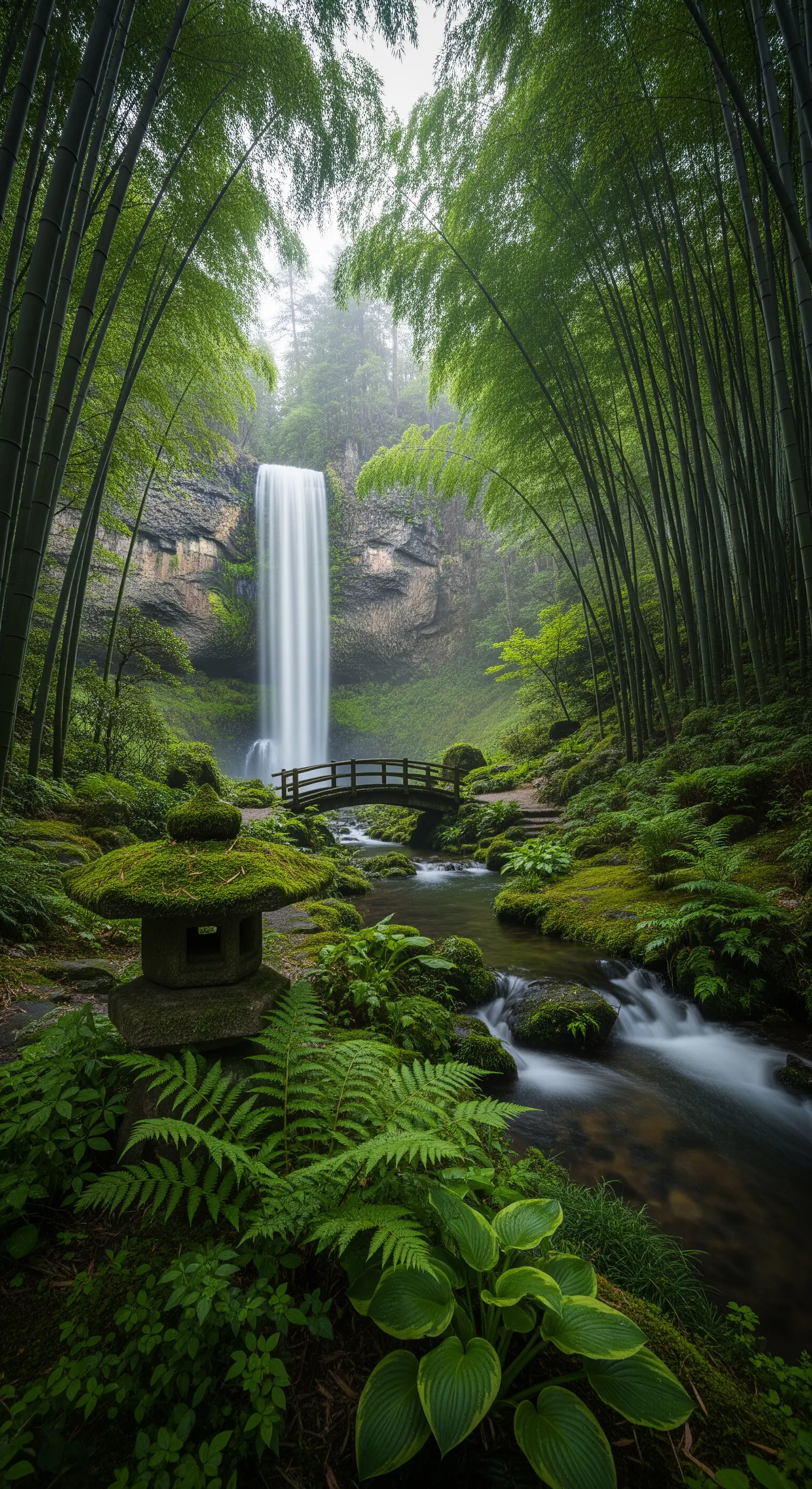Paesaggio naturale con una grande cascata, un ponte di legno e una fitta foresta di bambù.