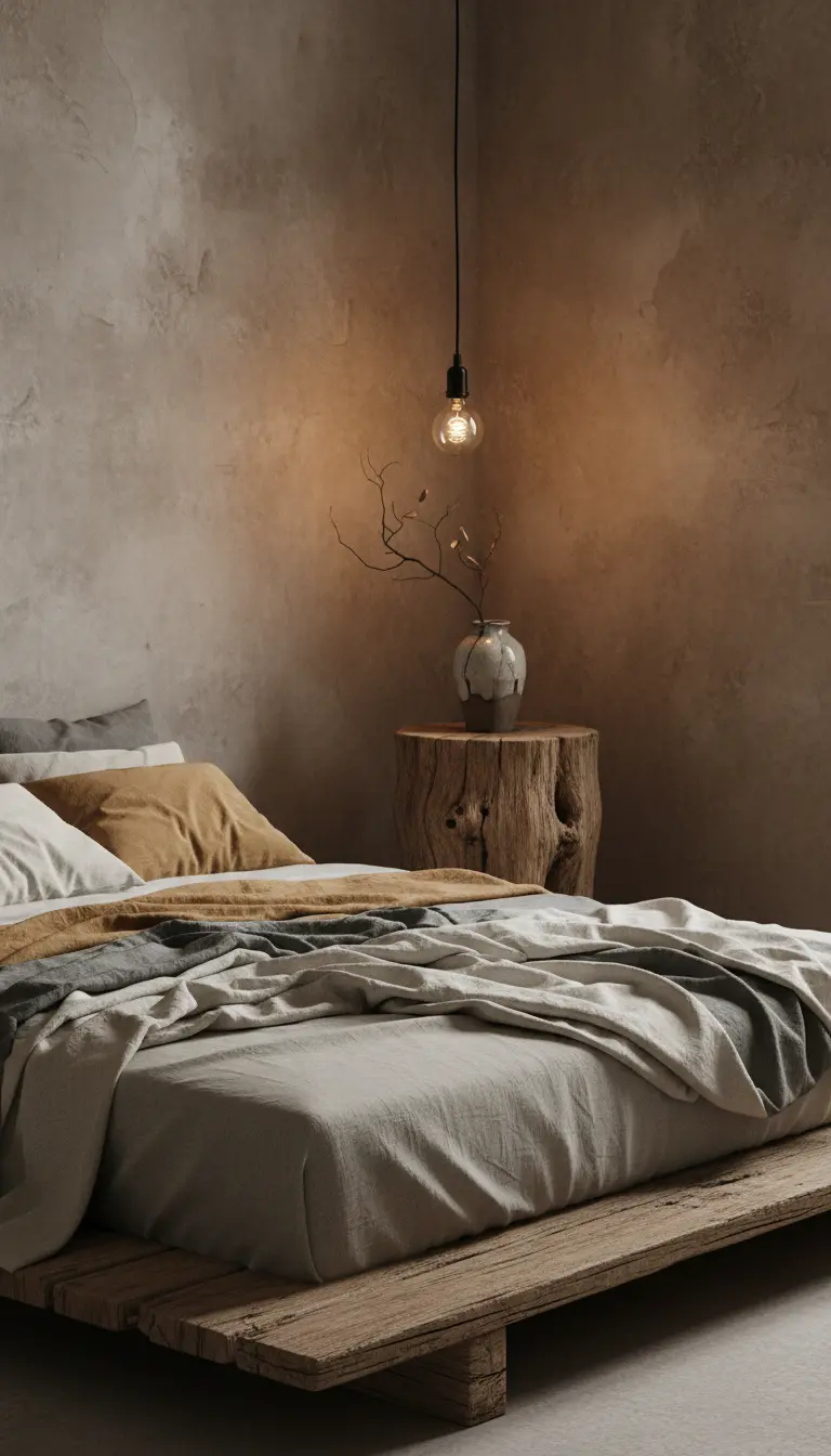 Letto basso su pedana di legno grezzo in una camera con pareti materiche color terra.