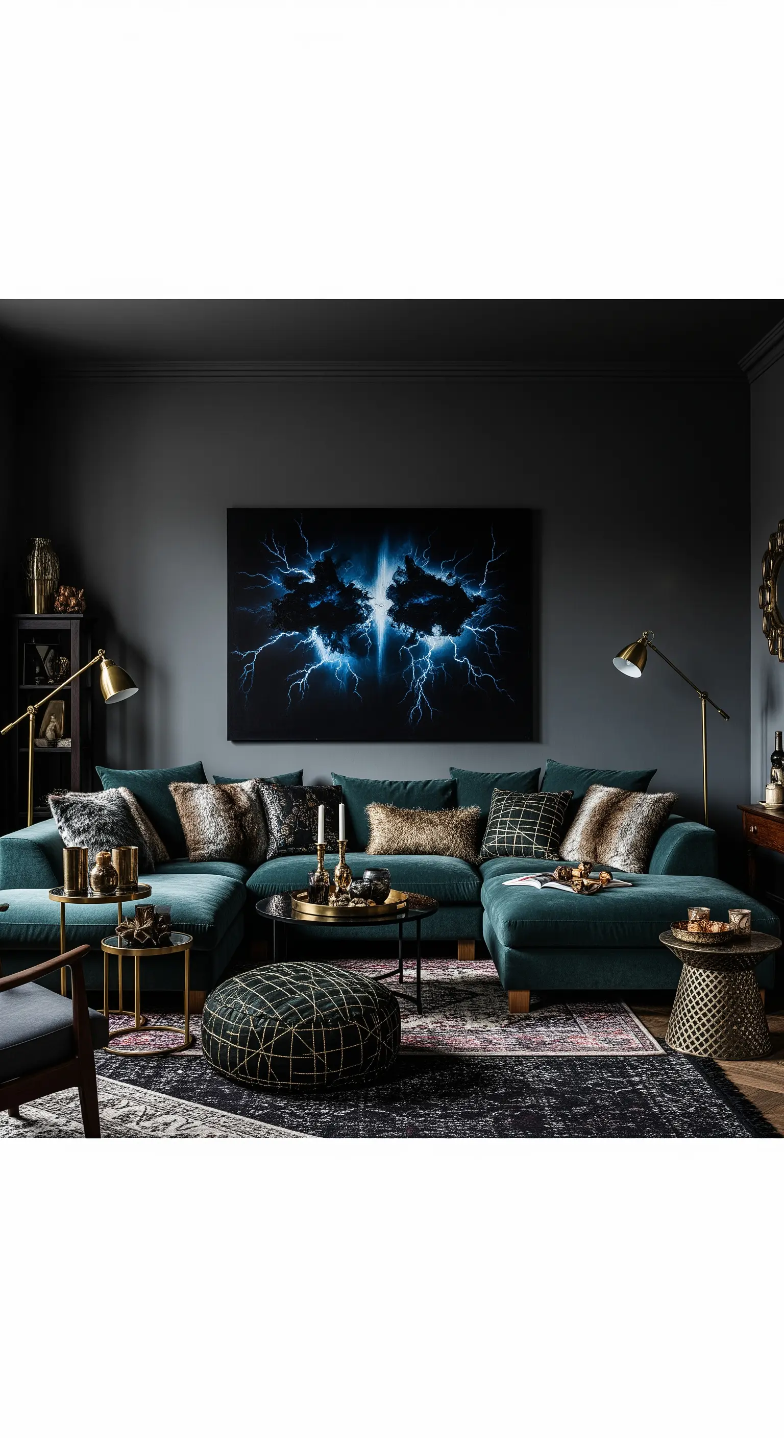Salotto scuro con divano in velluto petrolio, accenti dorati e un'opera d'arte luminosa.
