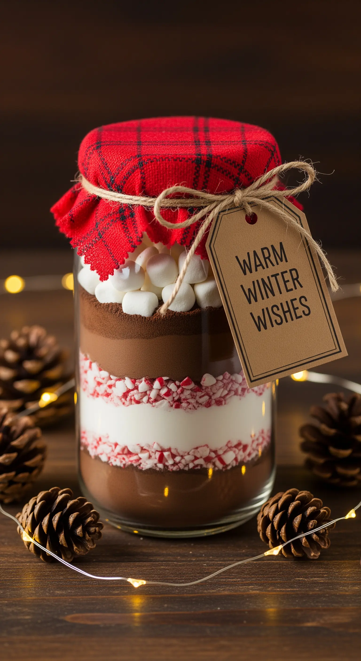 Barattolo con preparato per cioccolata calda, pigne e lucine su sfondo scuro.