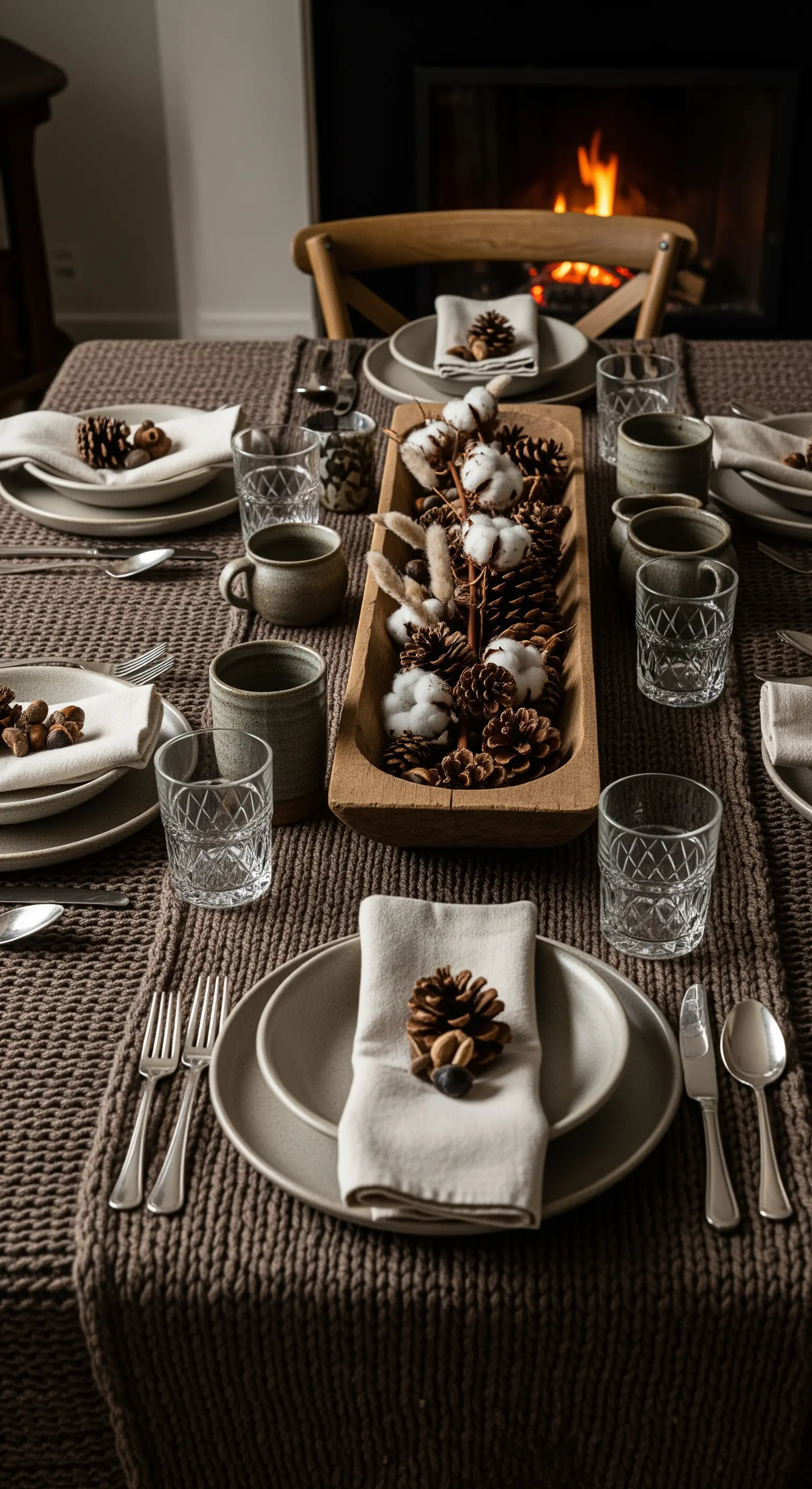 Tavola in stile hygge con tovaglia a maglia, pigne e fiori di cotone.