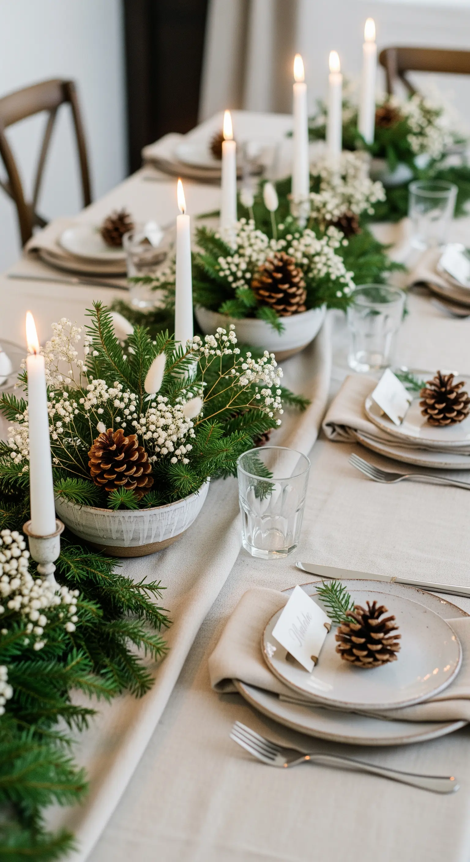 Tavola invernale con tovaglia in lino, centrotavola di pino e pigne, e candele bianche.