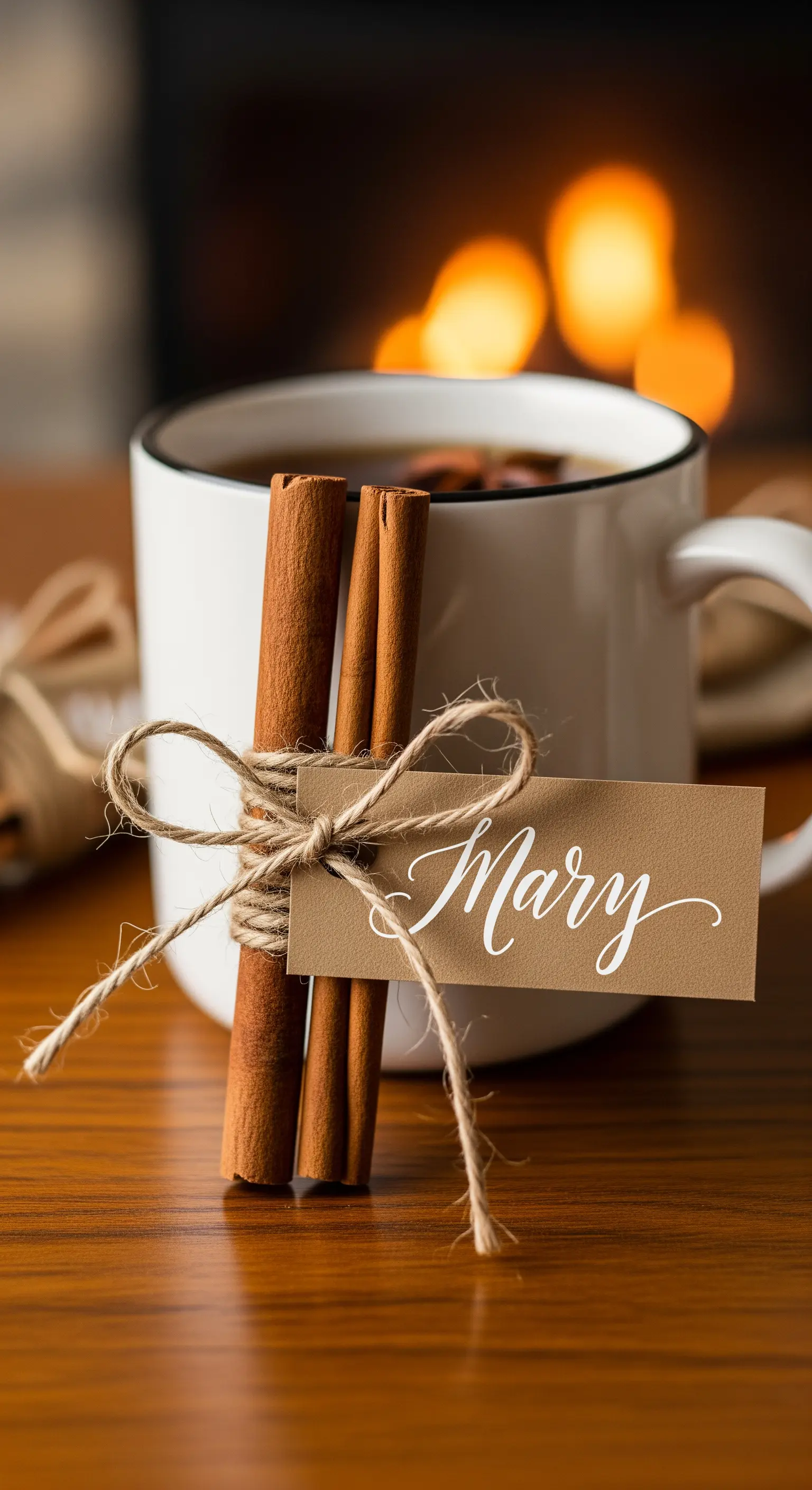 Bastoncini di cannella legati con spago a un'etichetta con nome, davanti a una tazza.