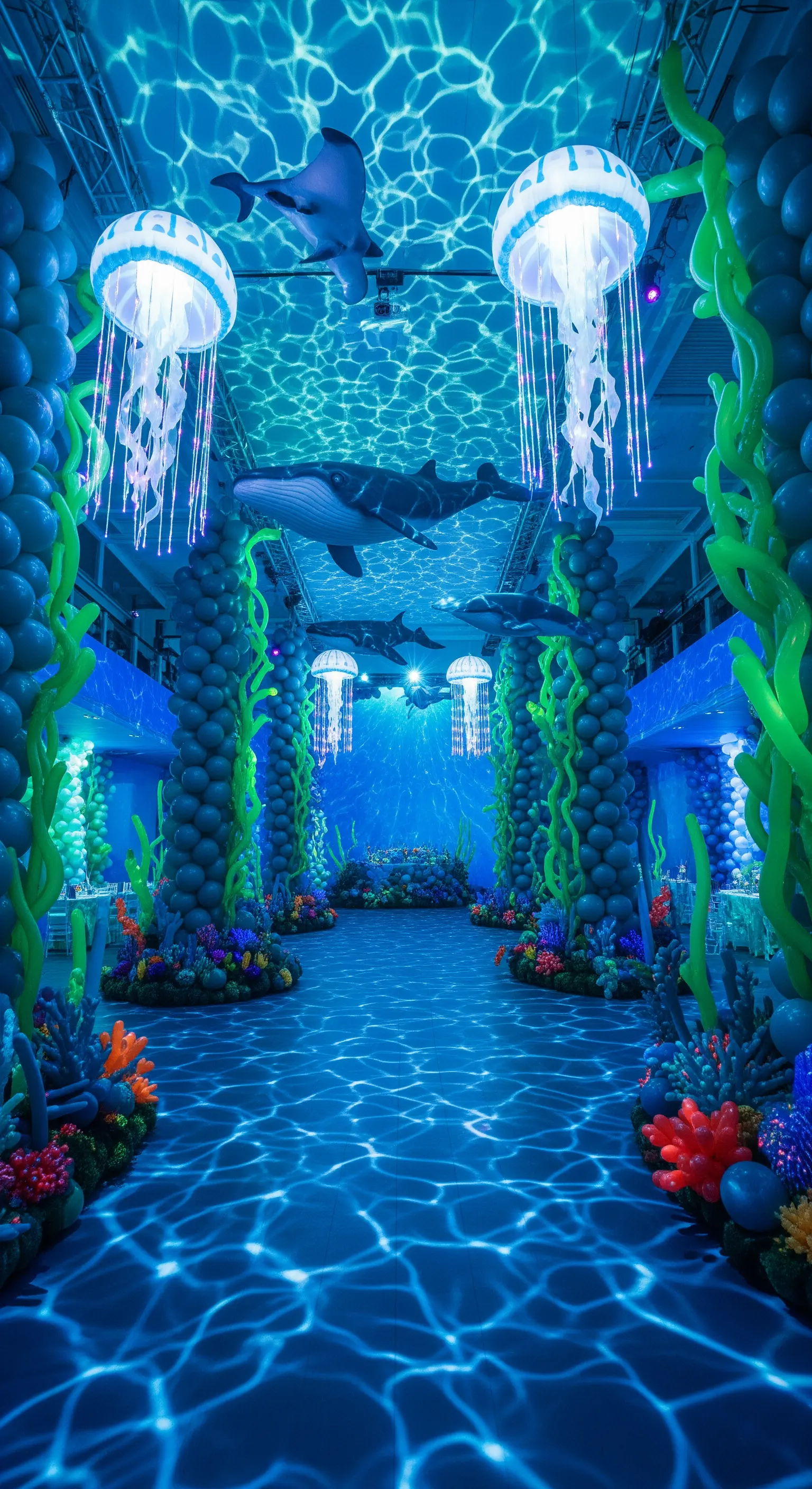 Festa a tema sottomarino con palloncini a forma di alghe e meduse luminose; luci effetto acqua.