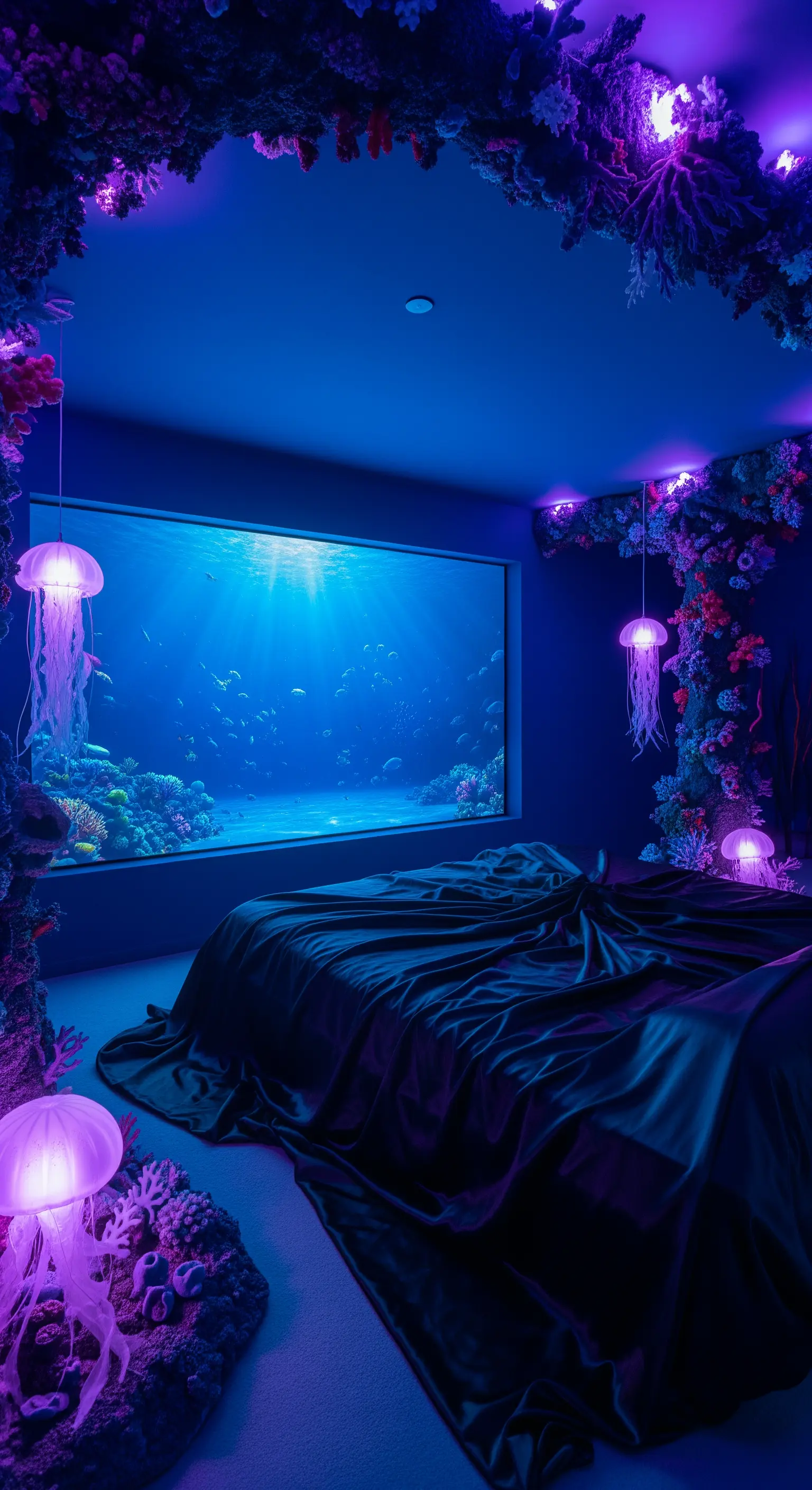 Camera da letto a tema sottomarino con una grande finestra-acquario e lampade a forma di medusa.