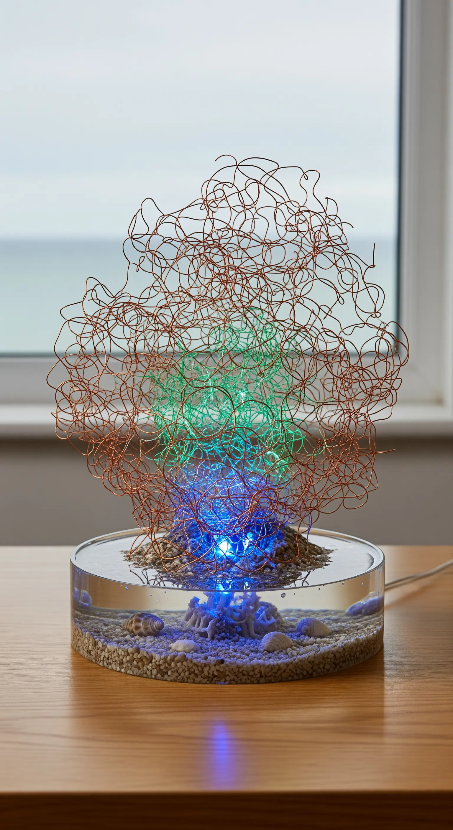 Scultura di filo di rame che imita il corallo, immersa in resina con conchiglie e LED.