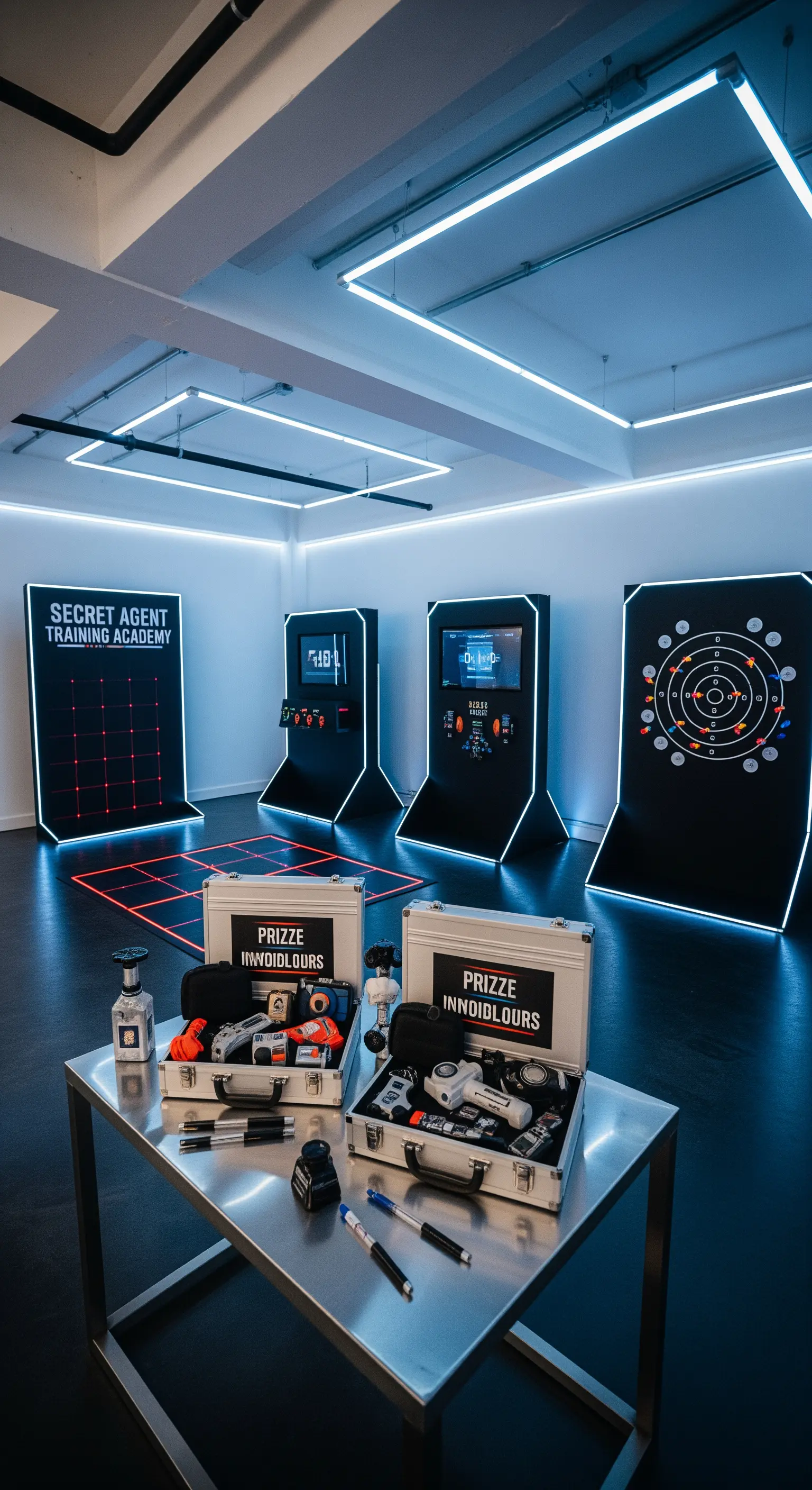 Un allestimento da training per agenti segreti con stazioni di gioco high-tech e luci al neon.