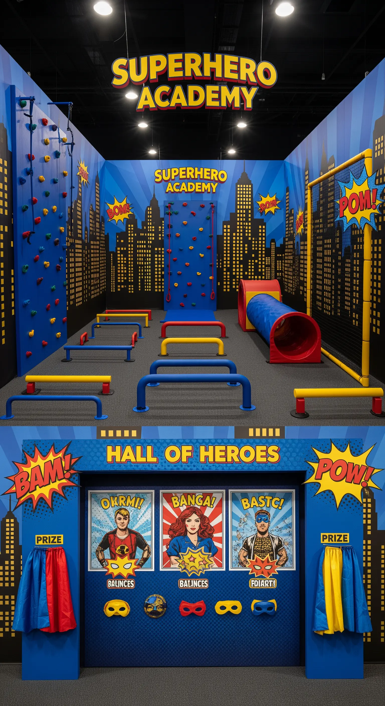 Un percorso a ostacoli colorato a tema supereroi con una parete da arrampicata e uno skyline cittadino.