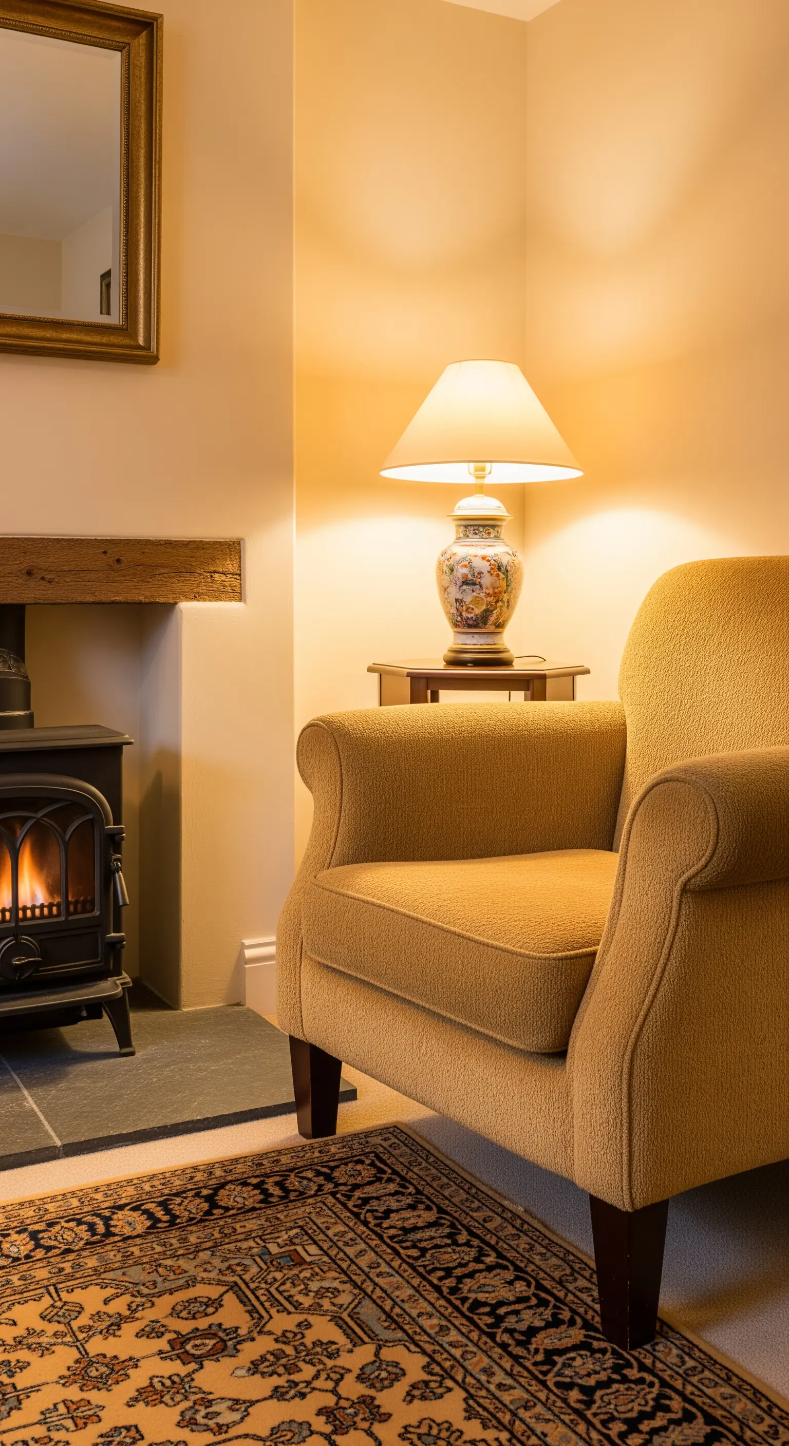Poltrona gialla posizionata accanto a una stufa a legna accesa, con una lampada da tavolo.
